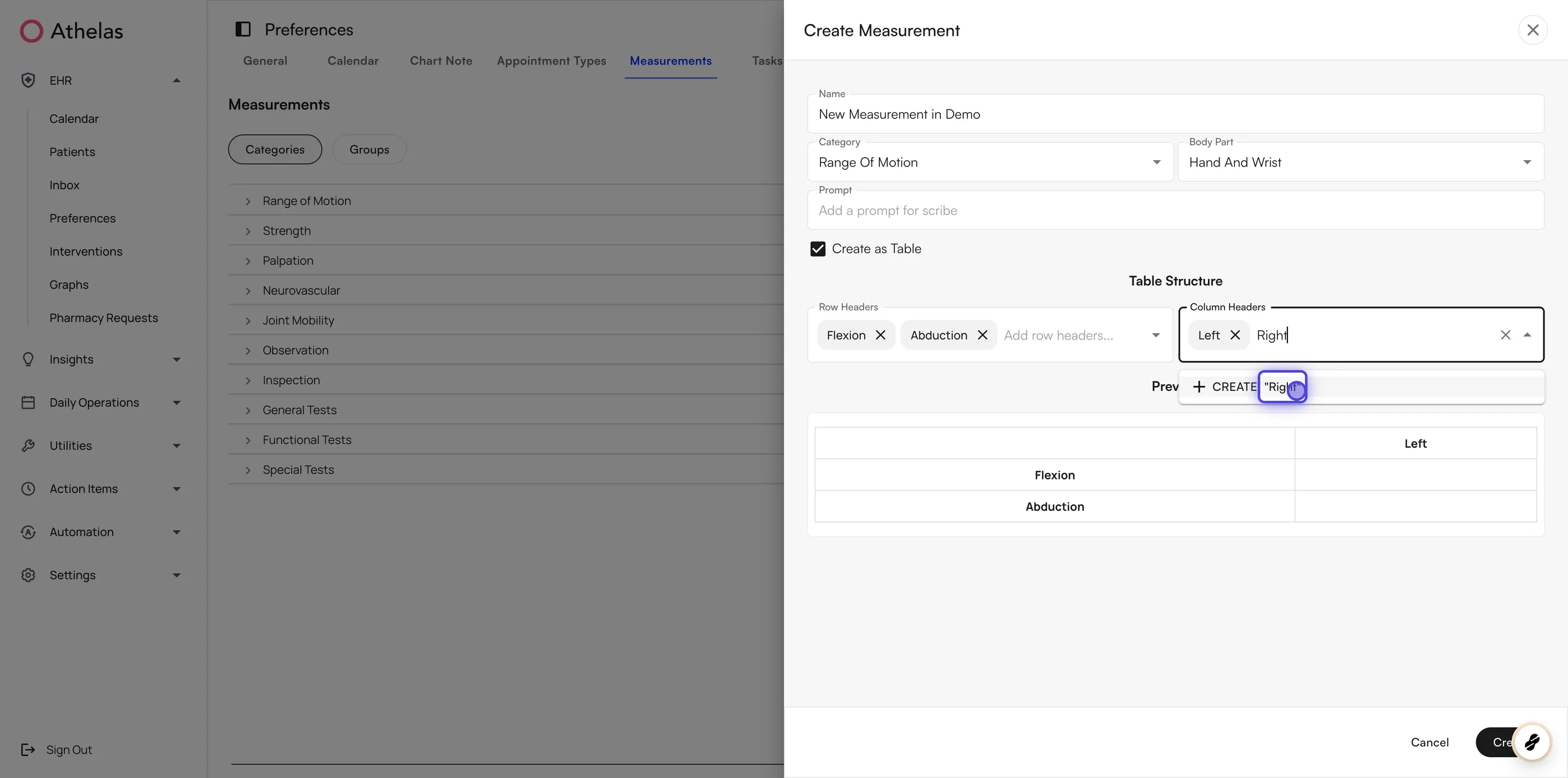 Create as Table checked, with row and column headers and a preview of the grid