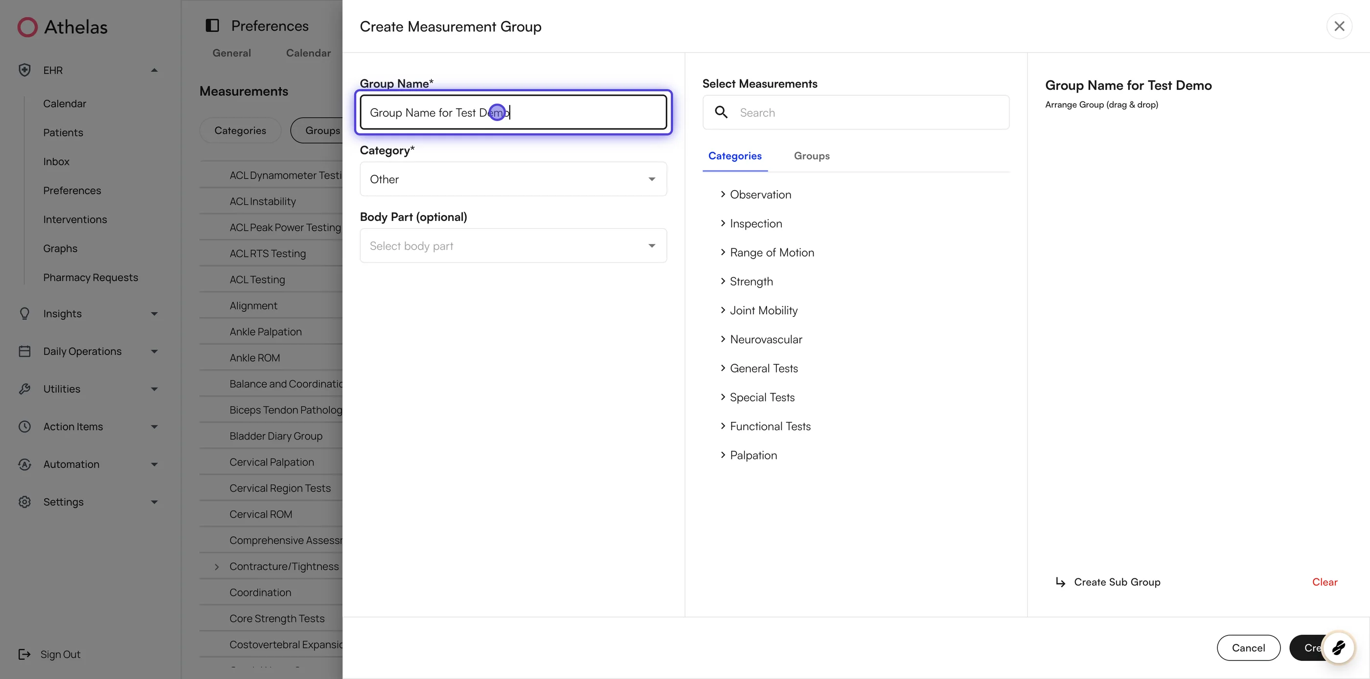 Create Measurement Group dialog with the group name entered
