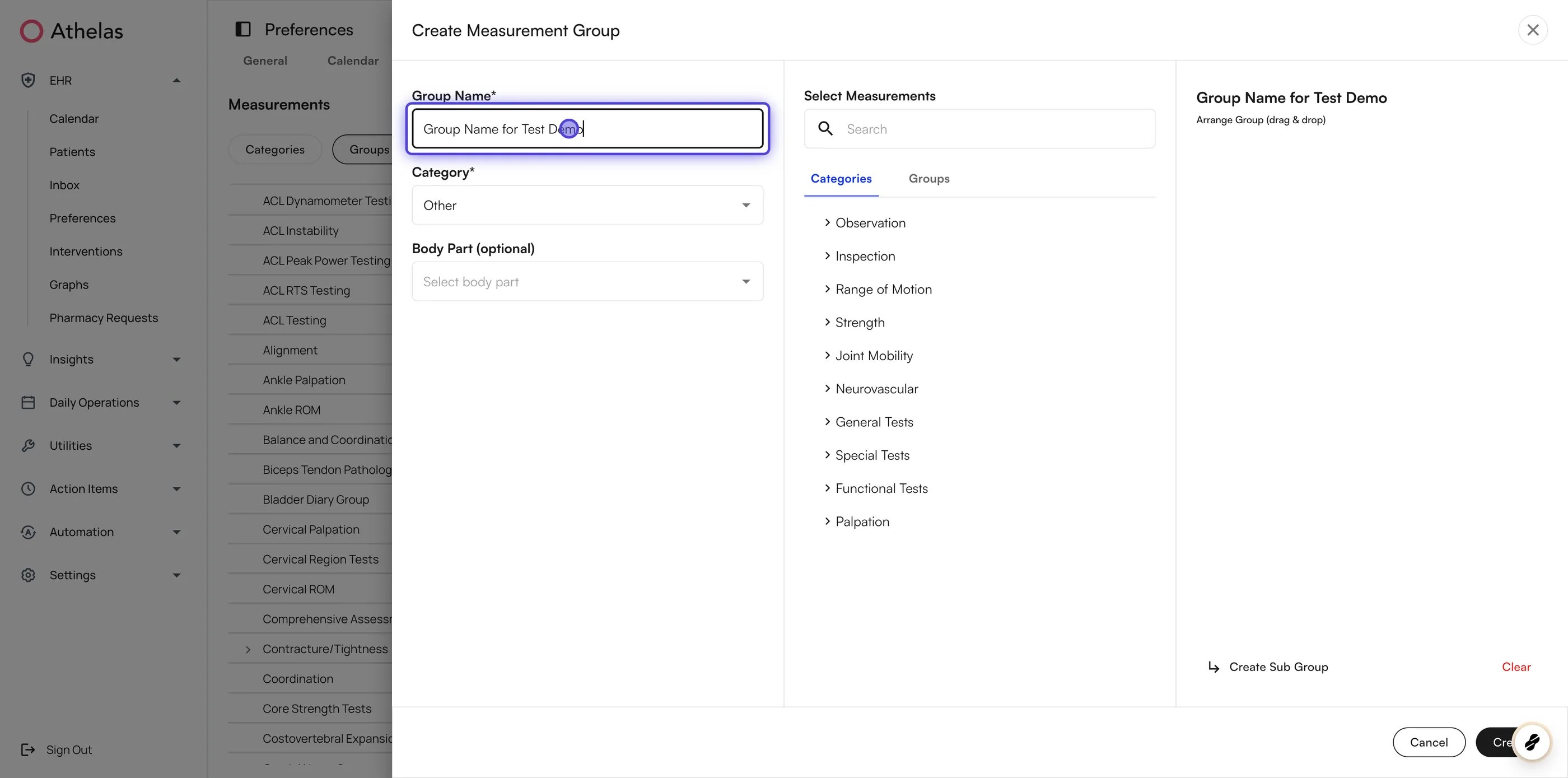 Create Measurement Group dialog with the group name entered