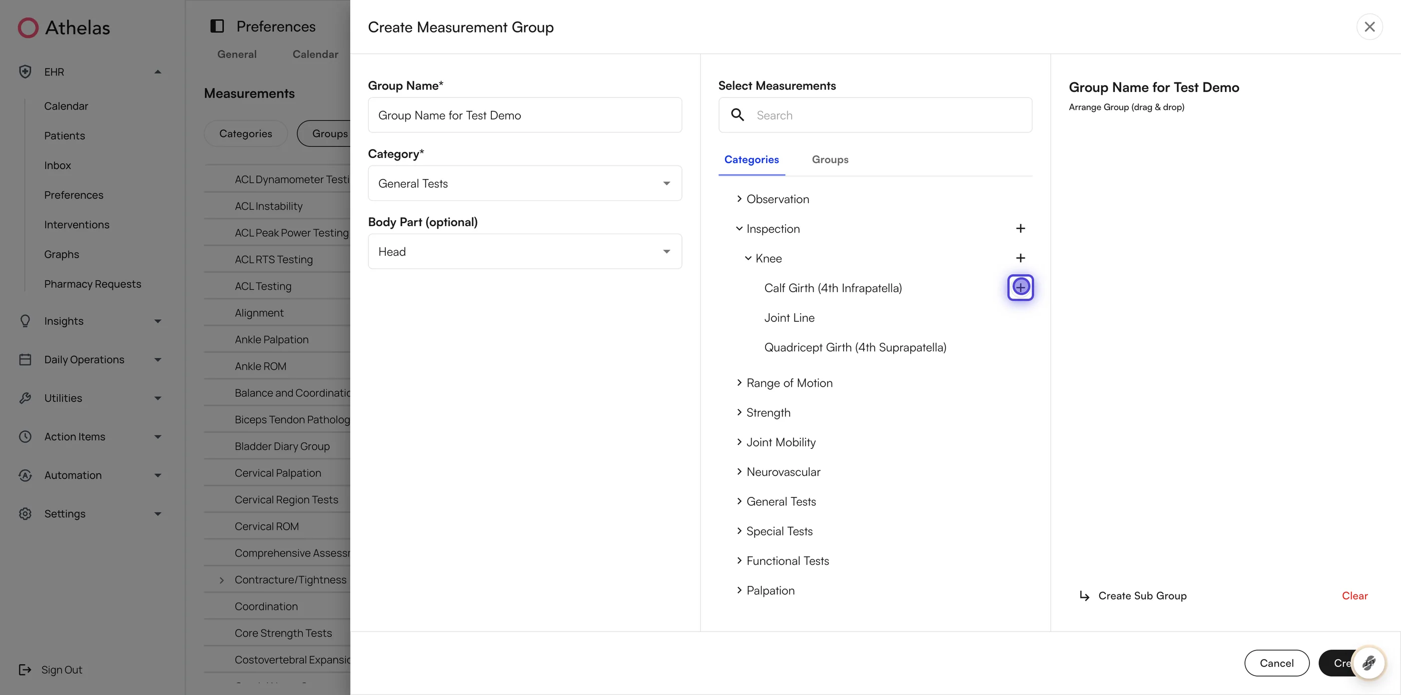 Adding a measurement to the group from the category tree