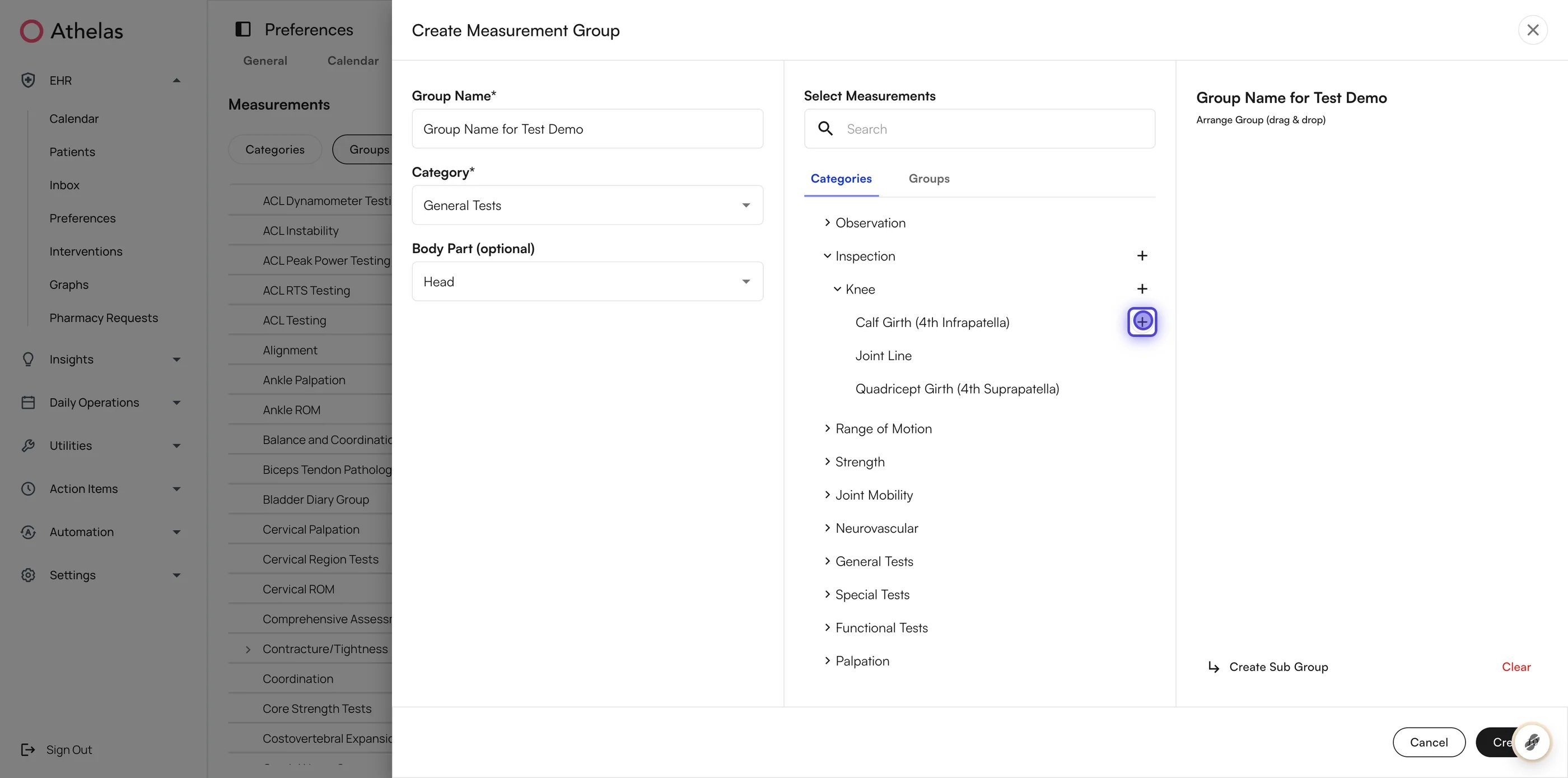 Adding a measurement to the group from the category tree