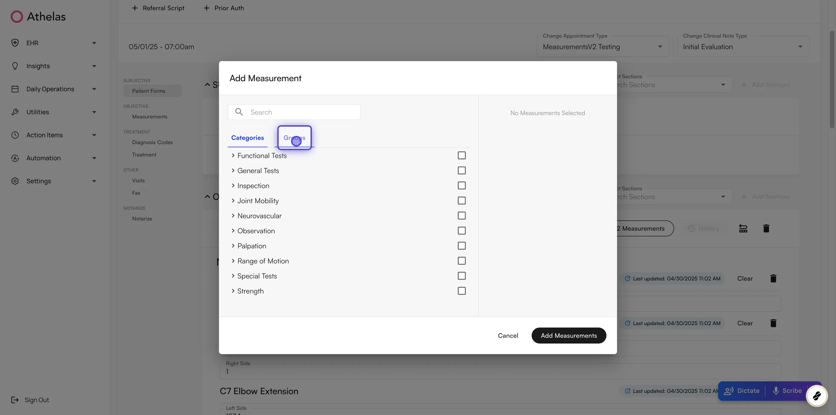 Add Measurement picker in a chart note, with the Categories and Groups tabs
