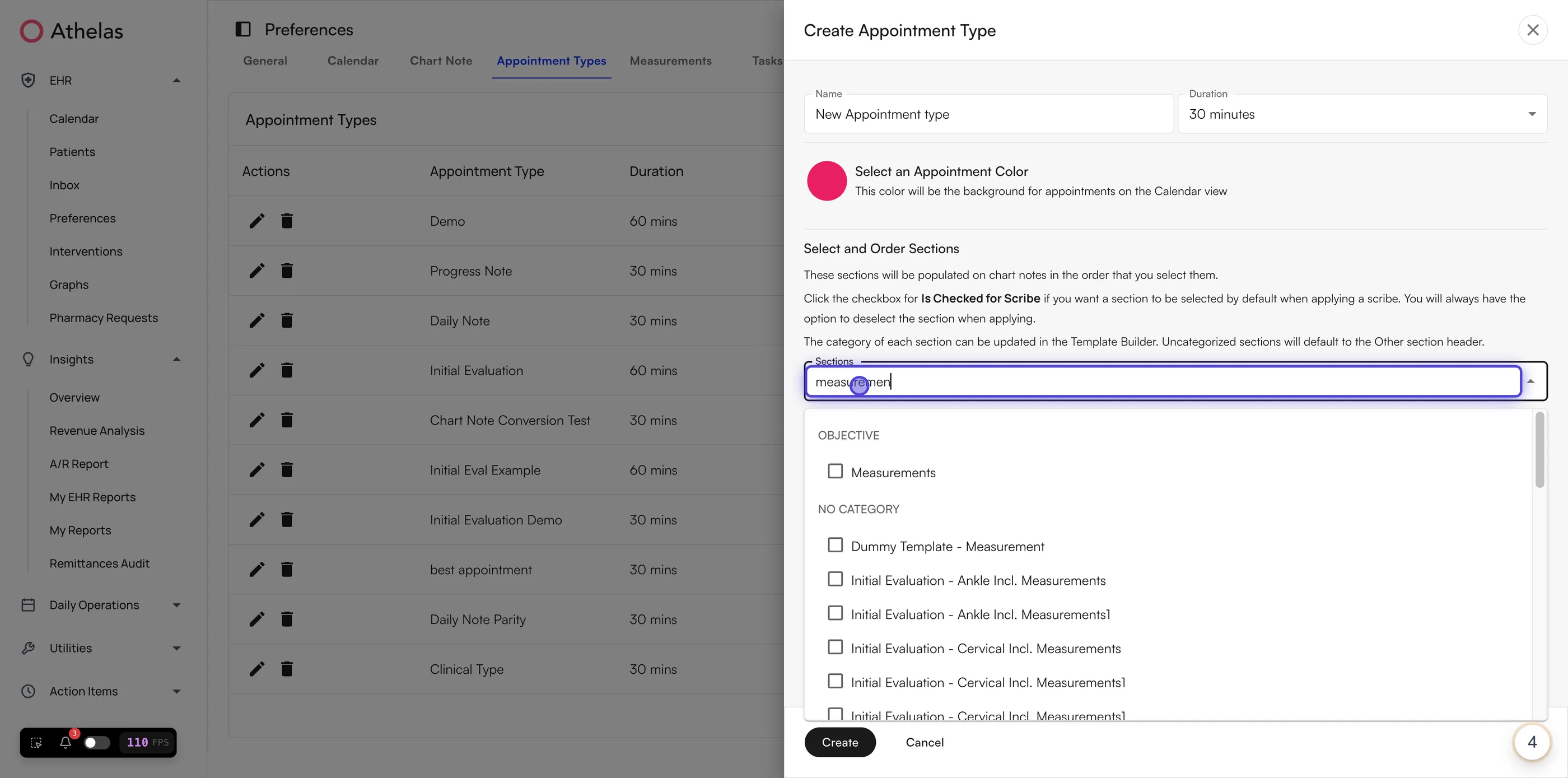 Measurements selected in the Select and Order Sections field of an appointment type