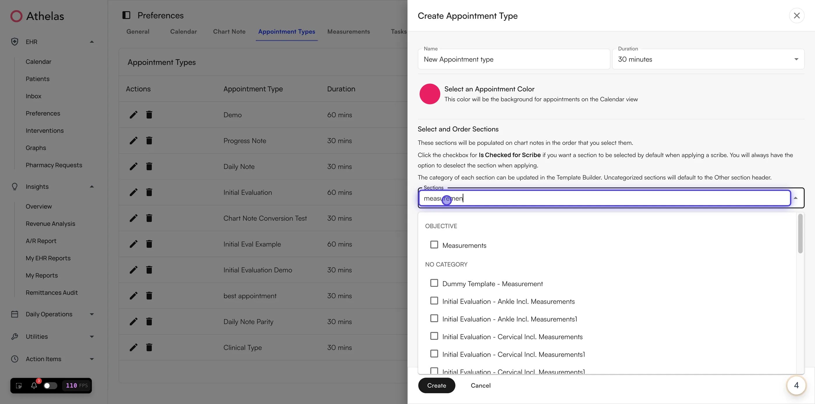 Measurements selected in the Select and Order Sections field of an appointment type