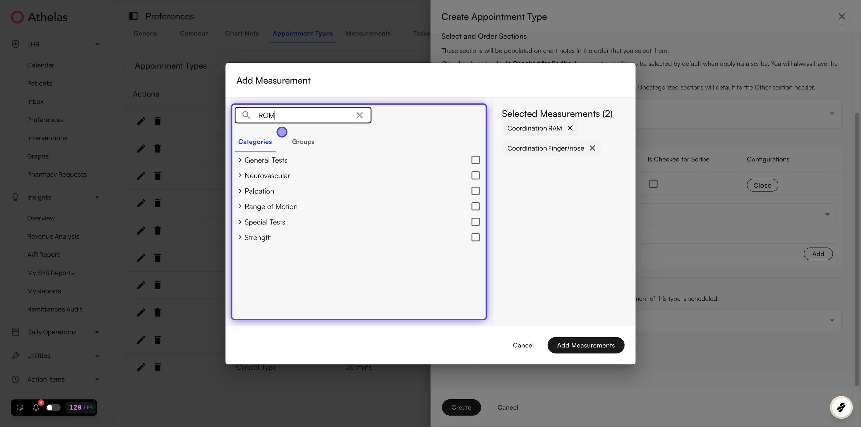 Add Measurement dialog with a search term entered and two selected measurements listed