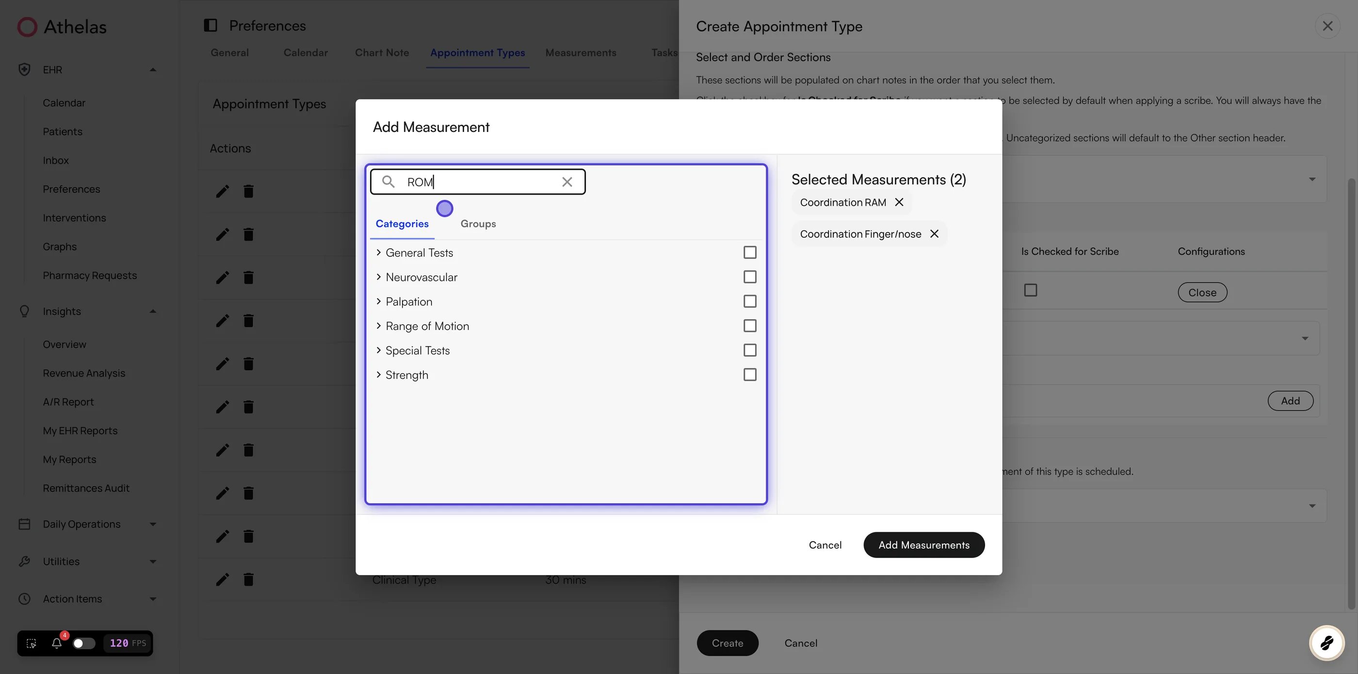 Add Measurement dialog with a search term entered and two selected measurements listed