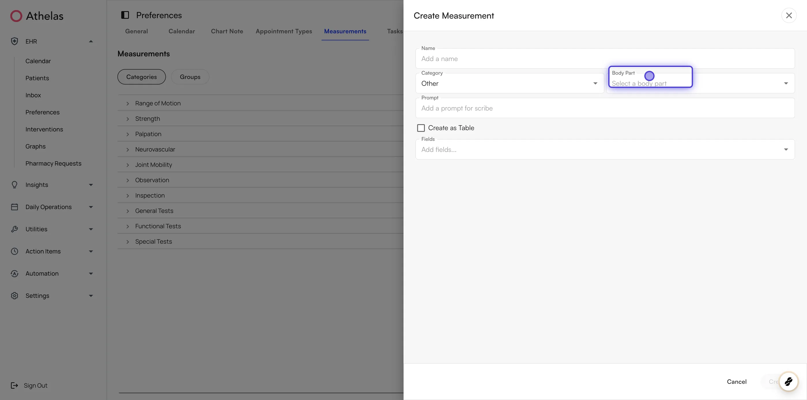 Create Measurement dialog opened from the Measurements tab in Preferences