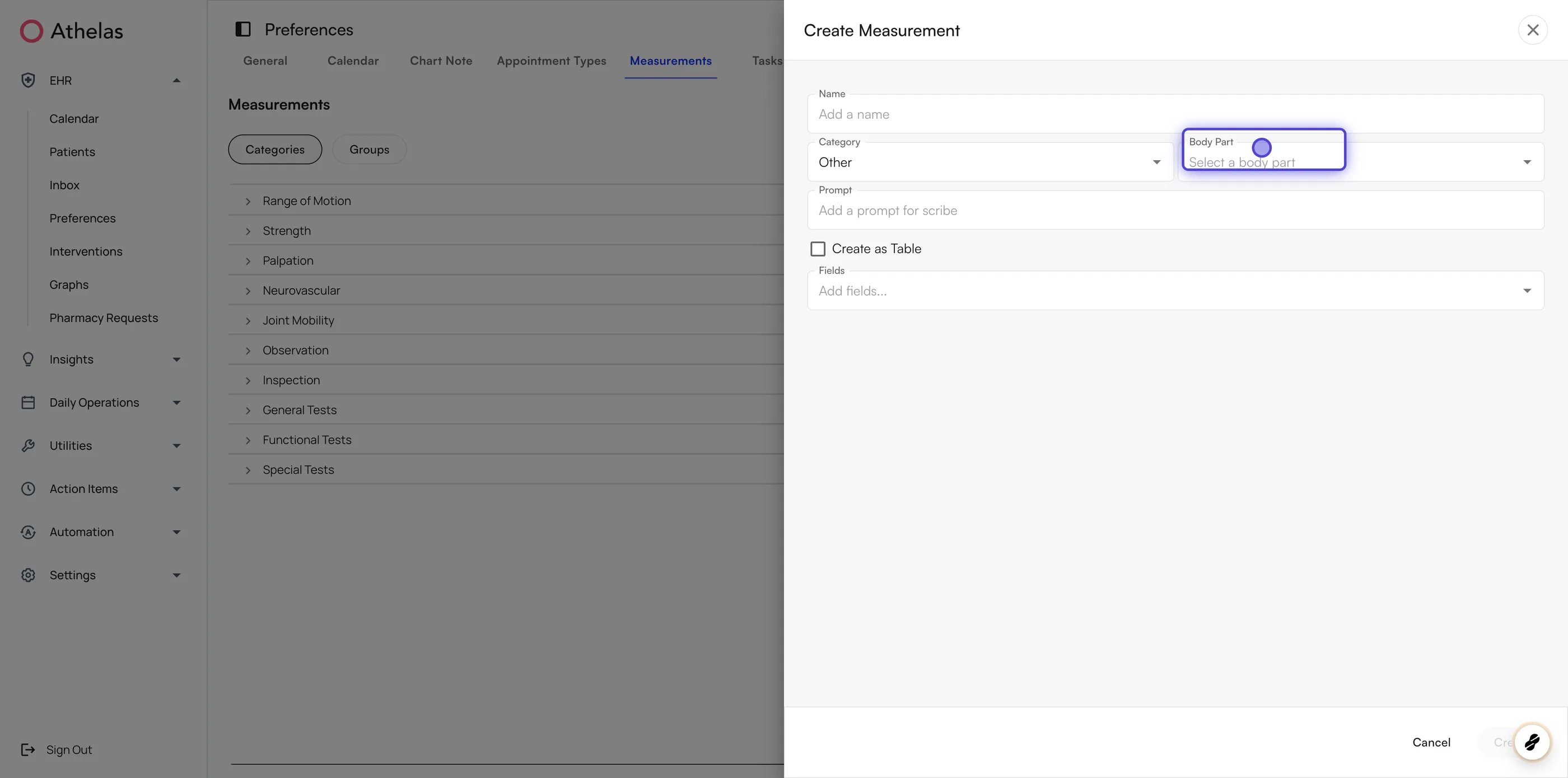 Create Measurement dialog opened from the Measurements tab in Preferences