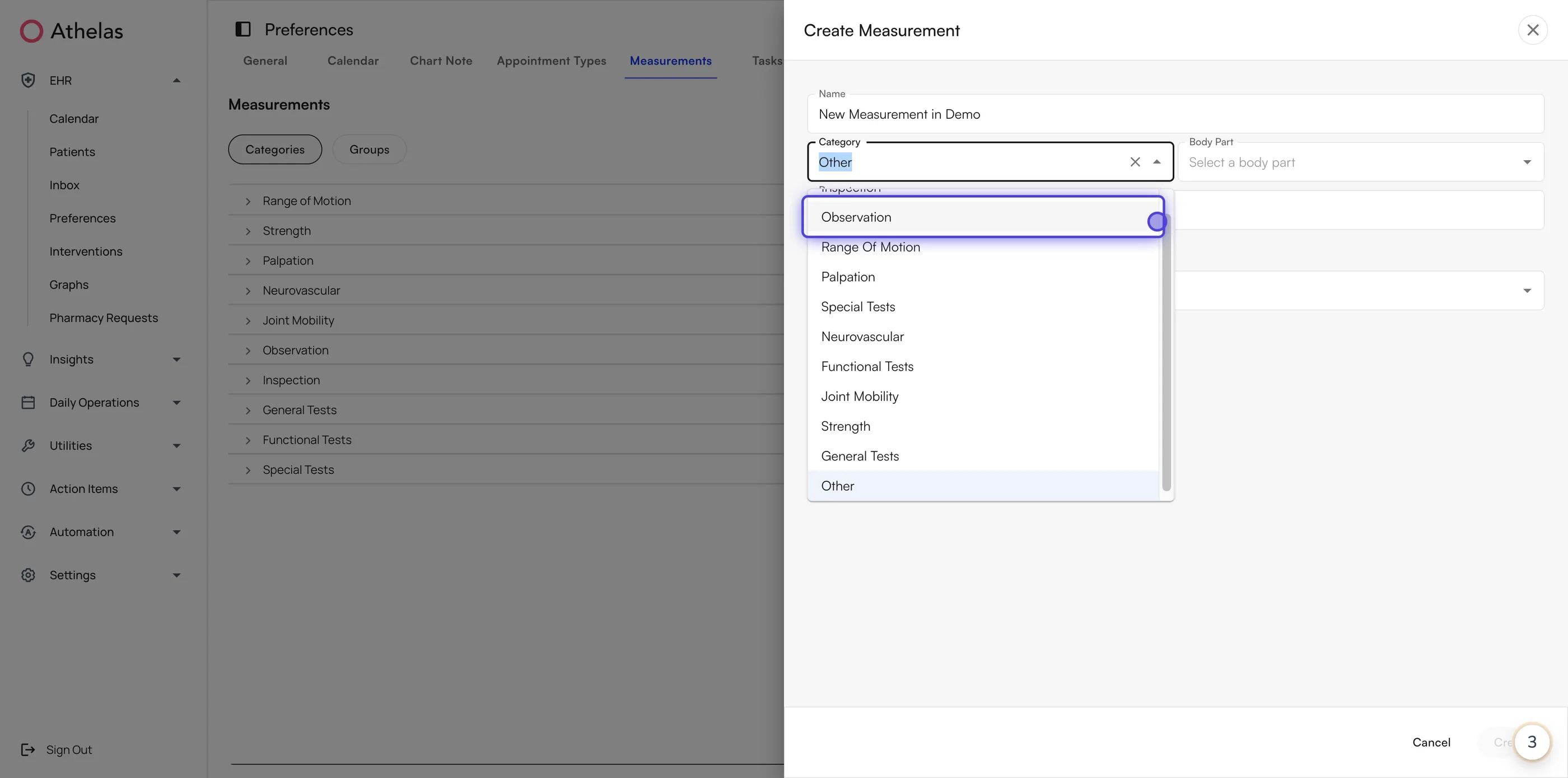 Category dropdown open in the Create Measurement dialog