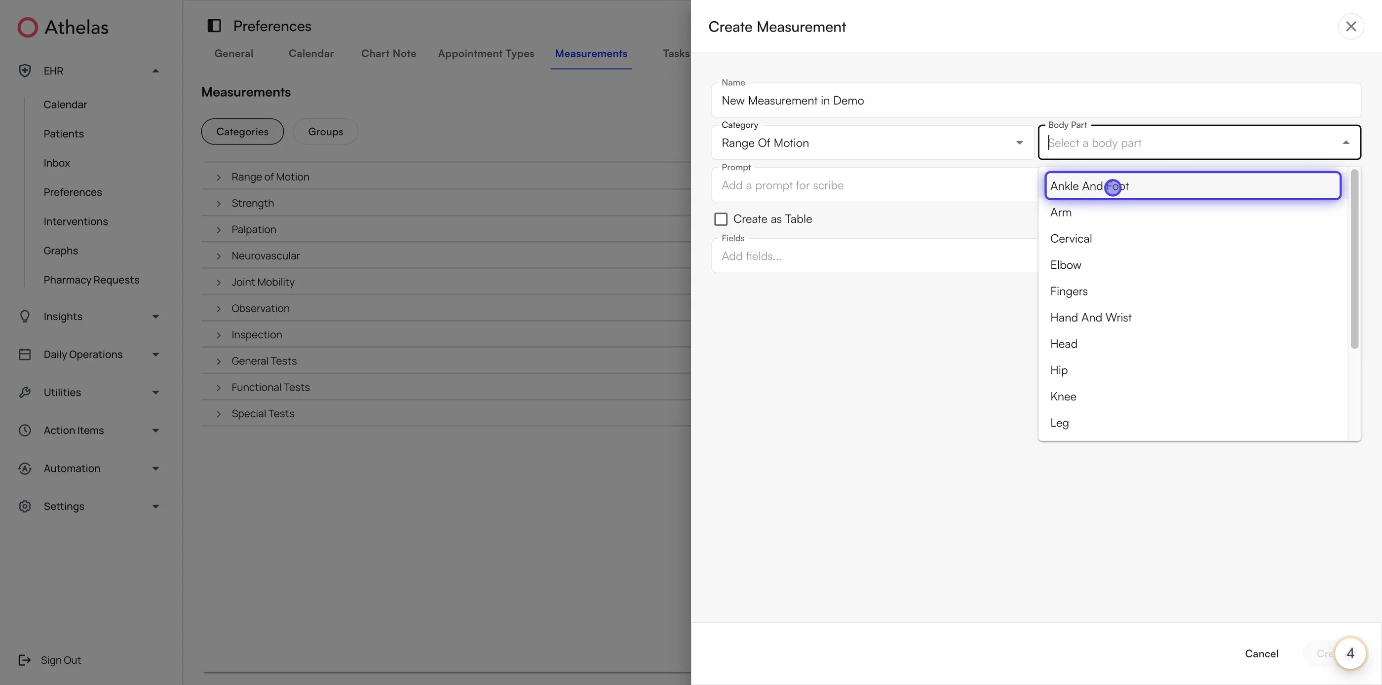Body Part dropdown open in the Create Measurement dialog