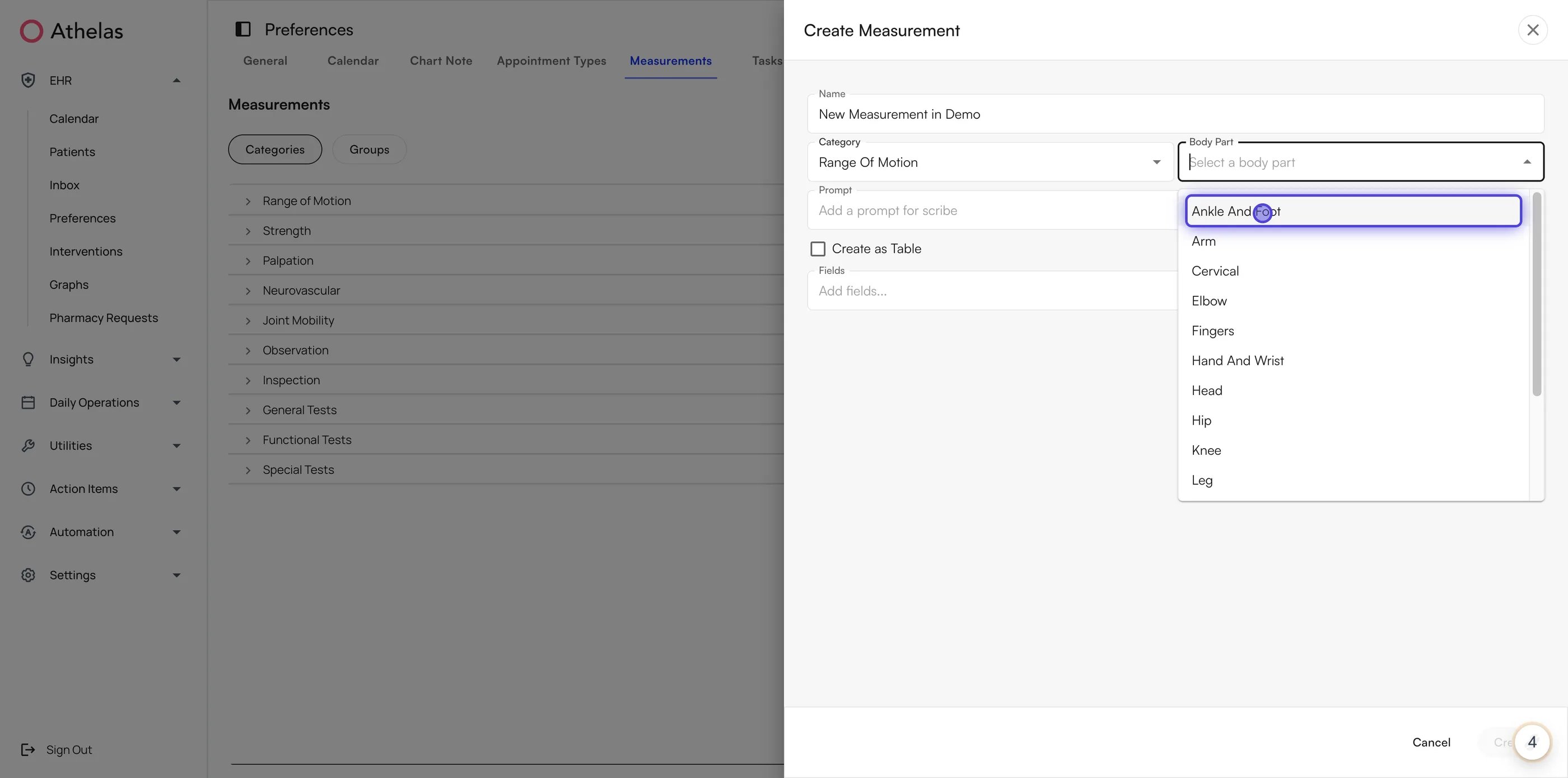 Body Part dropdown open in the Create Measurement dialog
