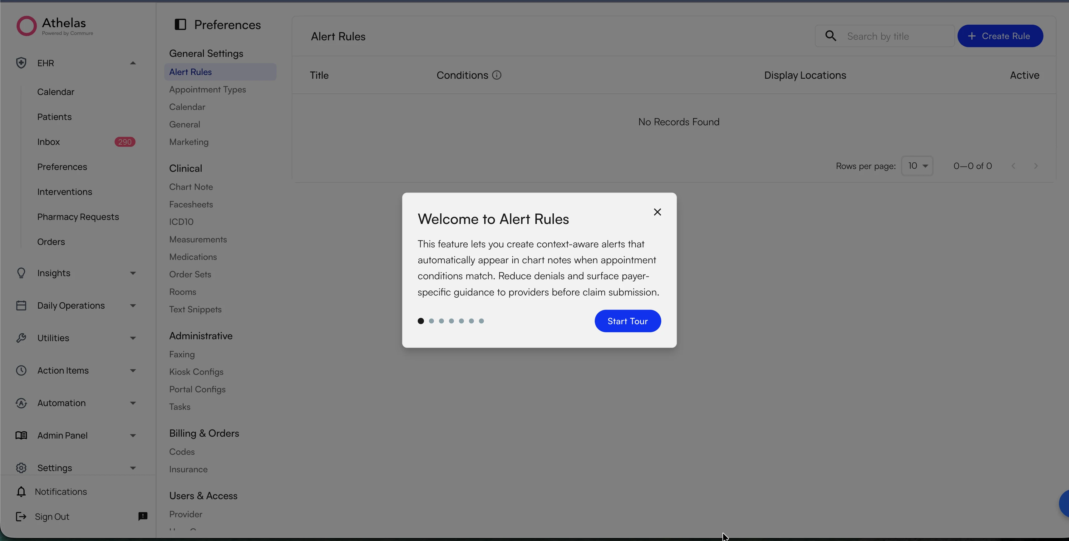 Alert Rules tab in EHR Preferences