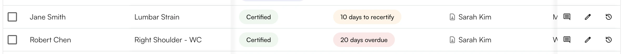Certified POC rows with the Upcoming Recertifications column showing a days to recertify badge and a days overdue badge