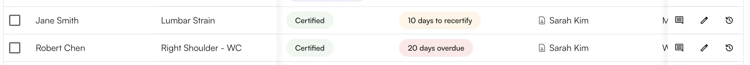 Upcoming Recertifications Column Certified POC rows with the Upcoming Recertifications column showing a days to recertify badge and a days overdue badge