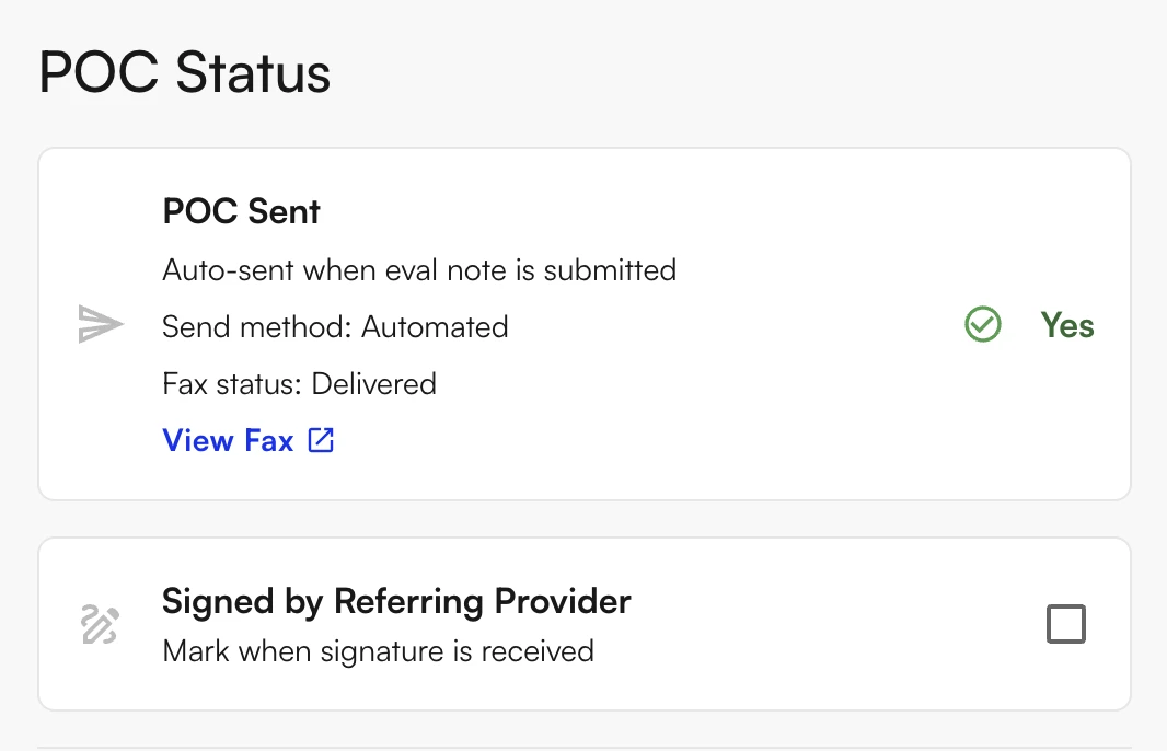 POC Status section of the drawer showing the POC Sent card with send method, fax status, and a View Fax link