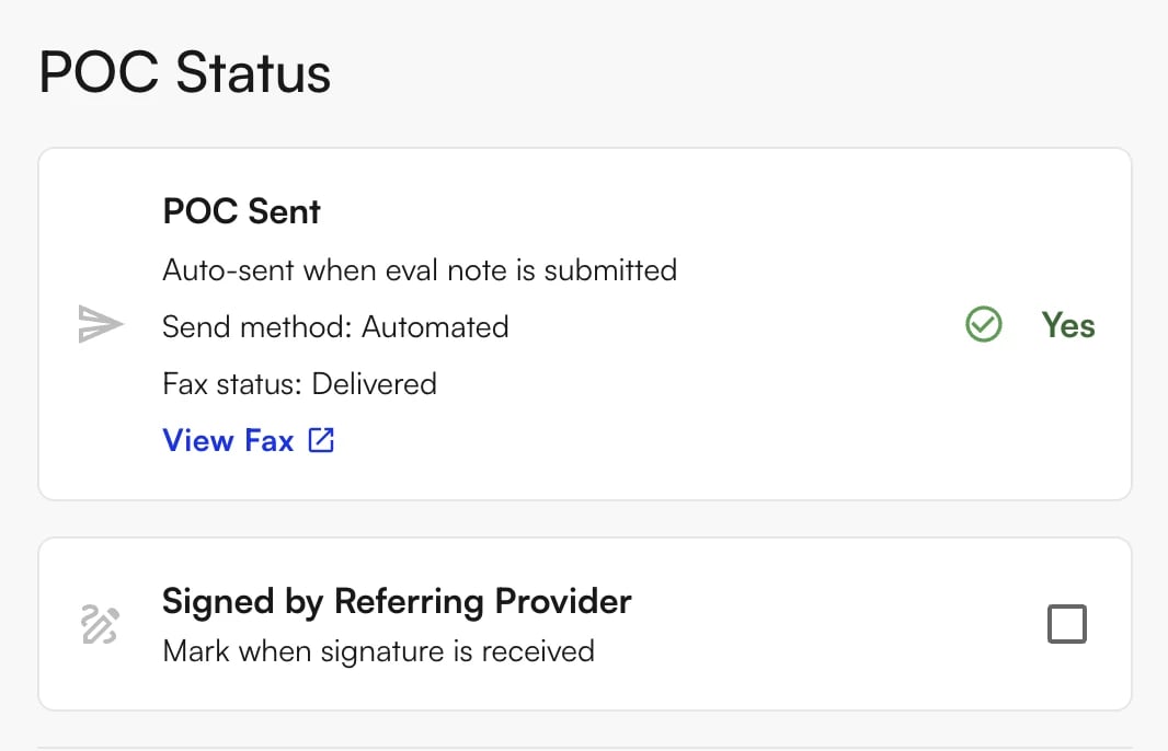 Latest Fax Details in the POC Drawer POC Status section of the drawer showing the POC Sent card with send method, fax status, and a View Fax link