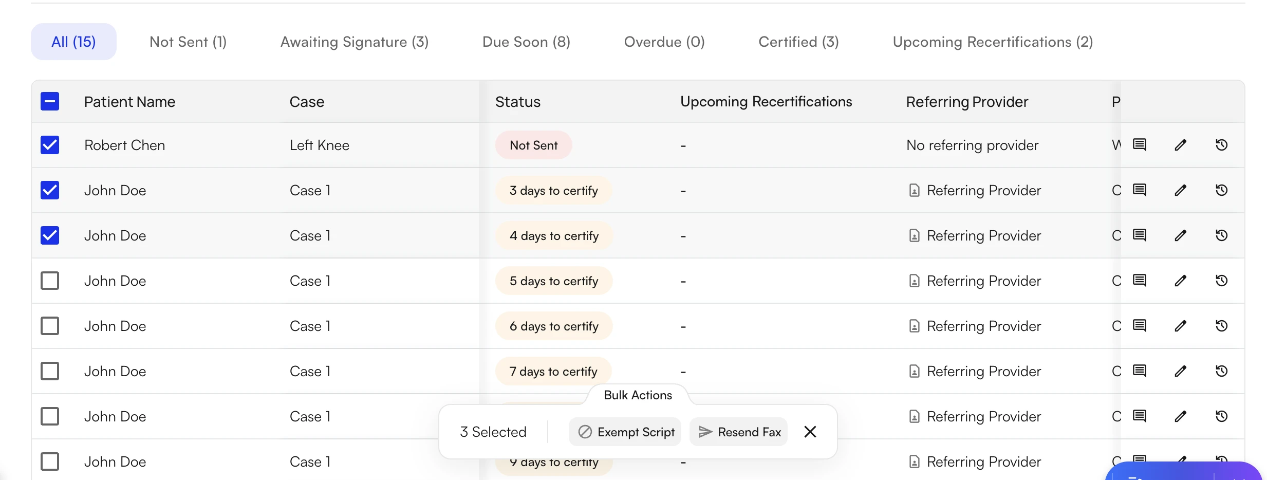 POC table with three rows selected and the bulk actions panel at the bottom showing Exempt Script and Resend Fax