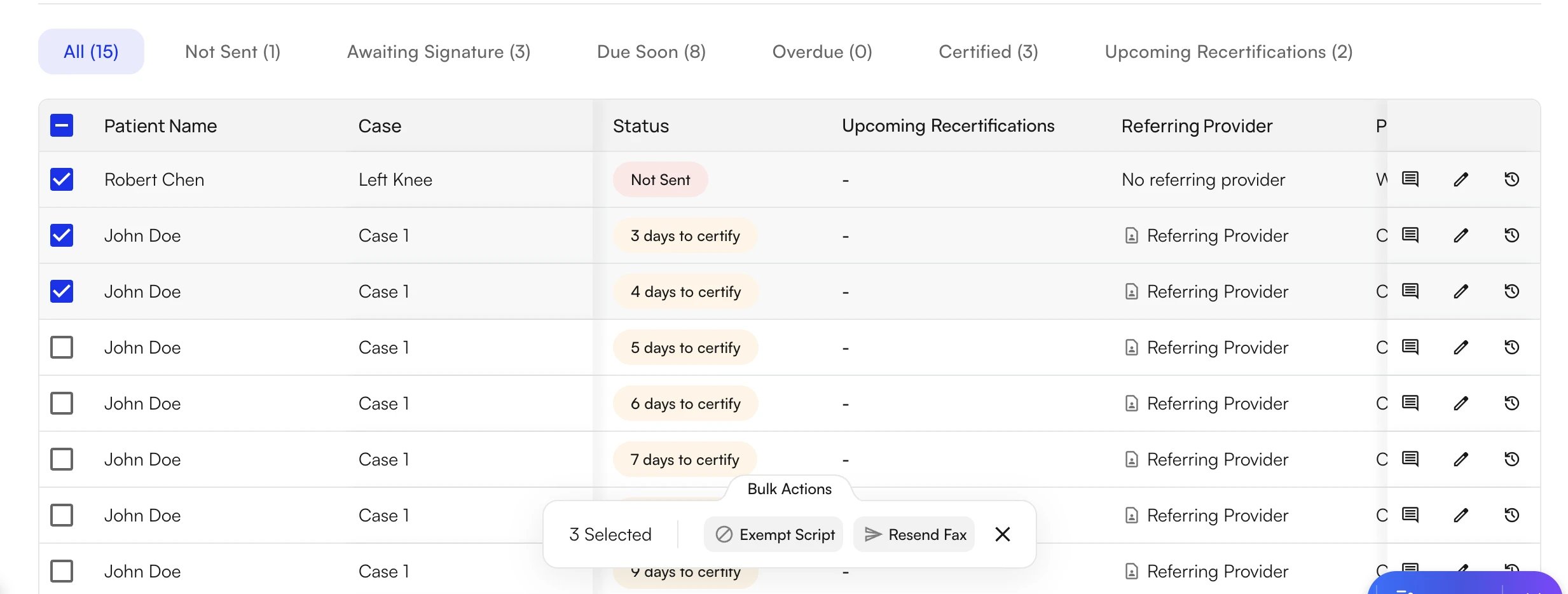 Bulk Actions Panel POC table with three rows selected and the bulk actions panel at the bottom showing Exempt Script and Resend Fax