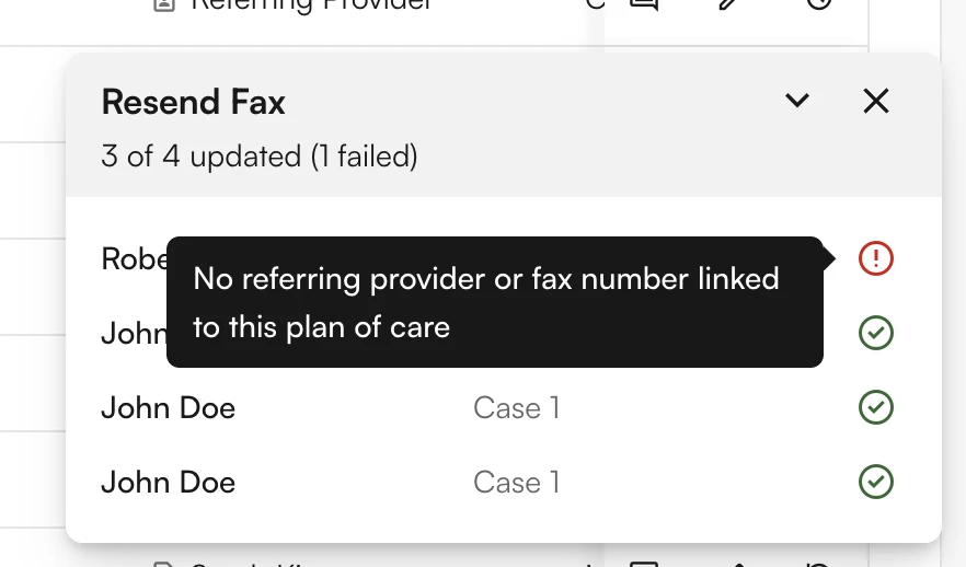 Bulk action summary card listing patients and cases with success and failure icons, with a failure reason shown on hover