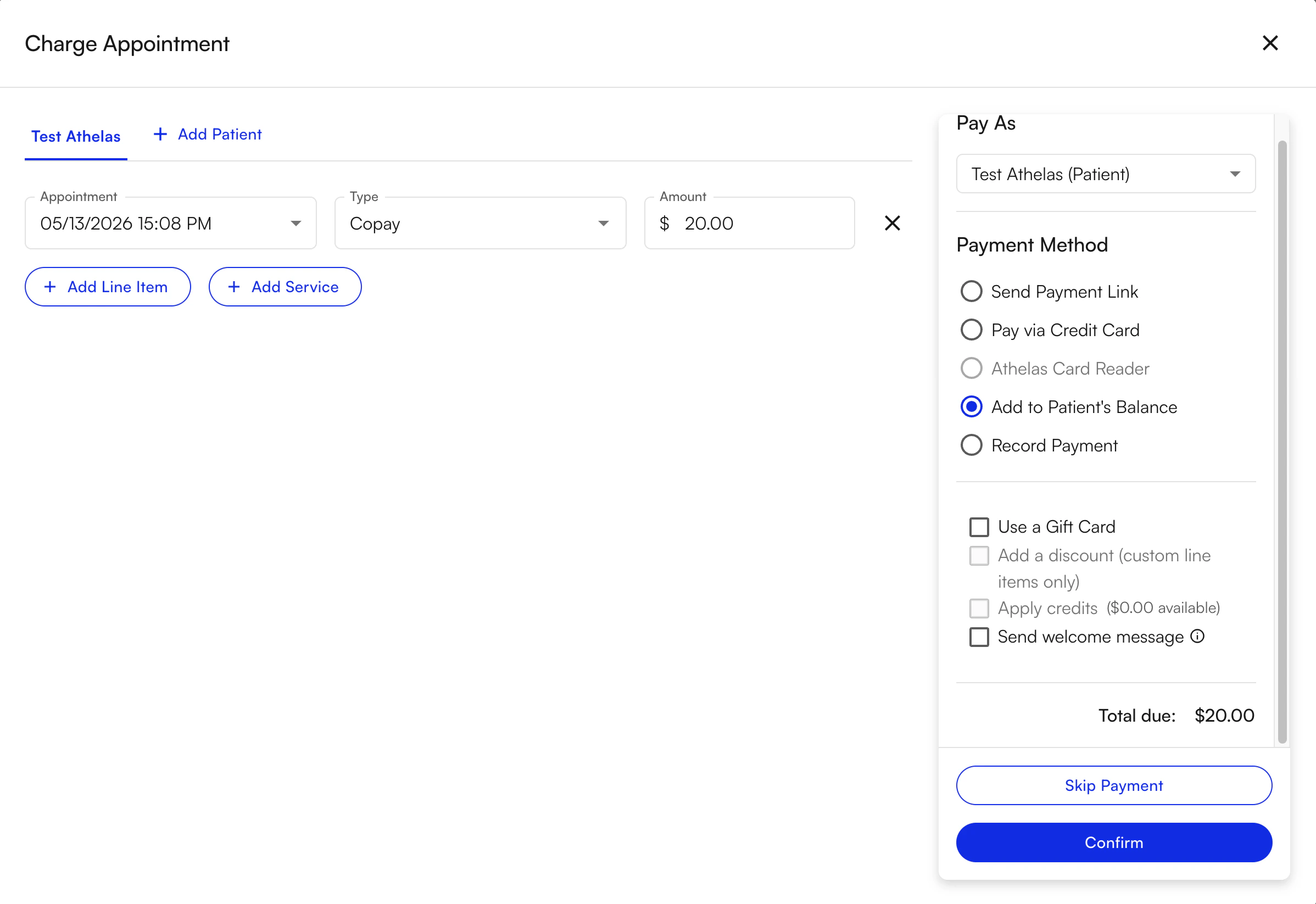 Charge window with Add to Patient's Balance selected