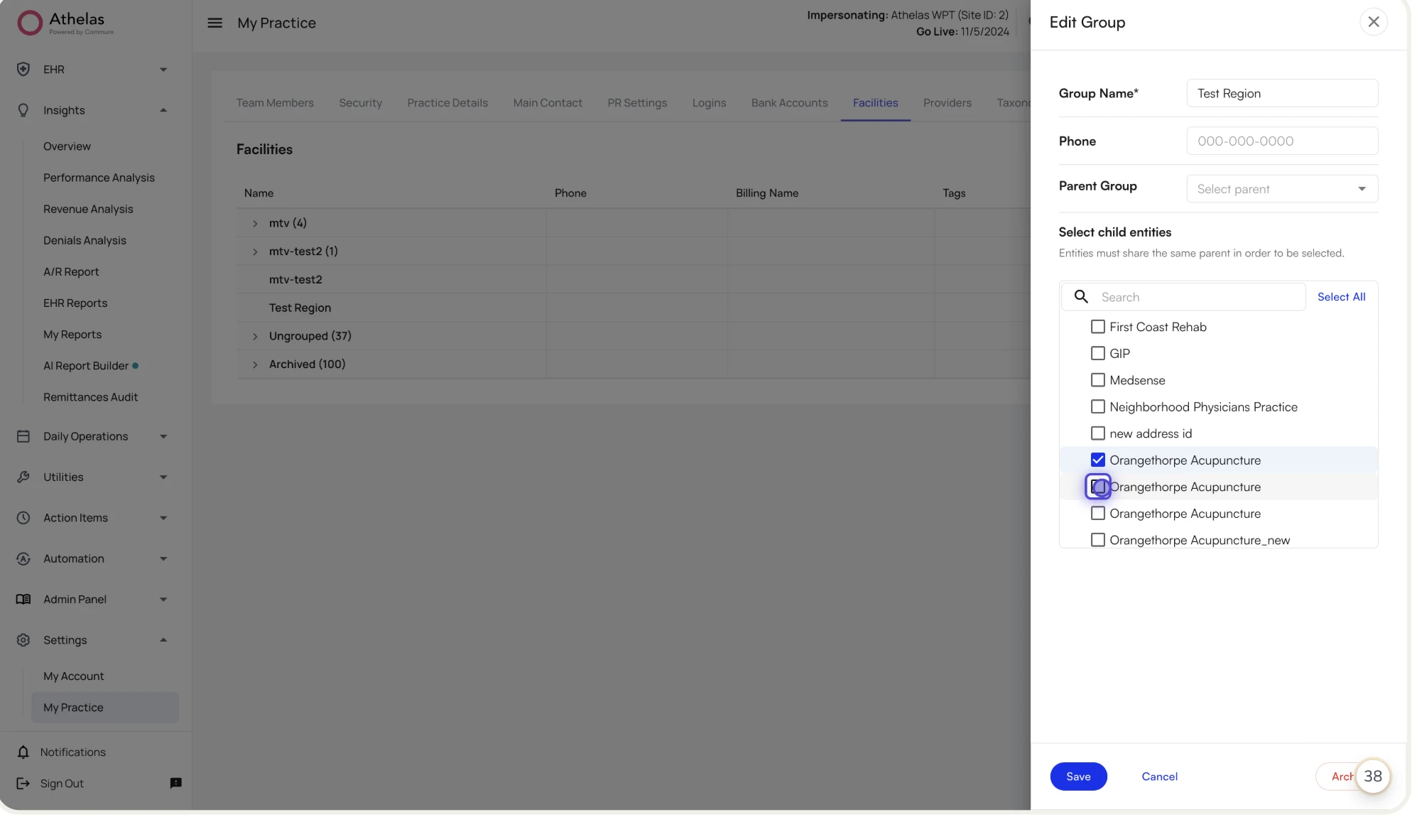 Editing a facility group