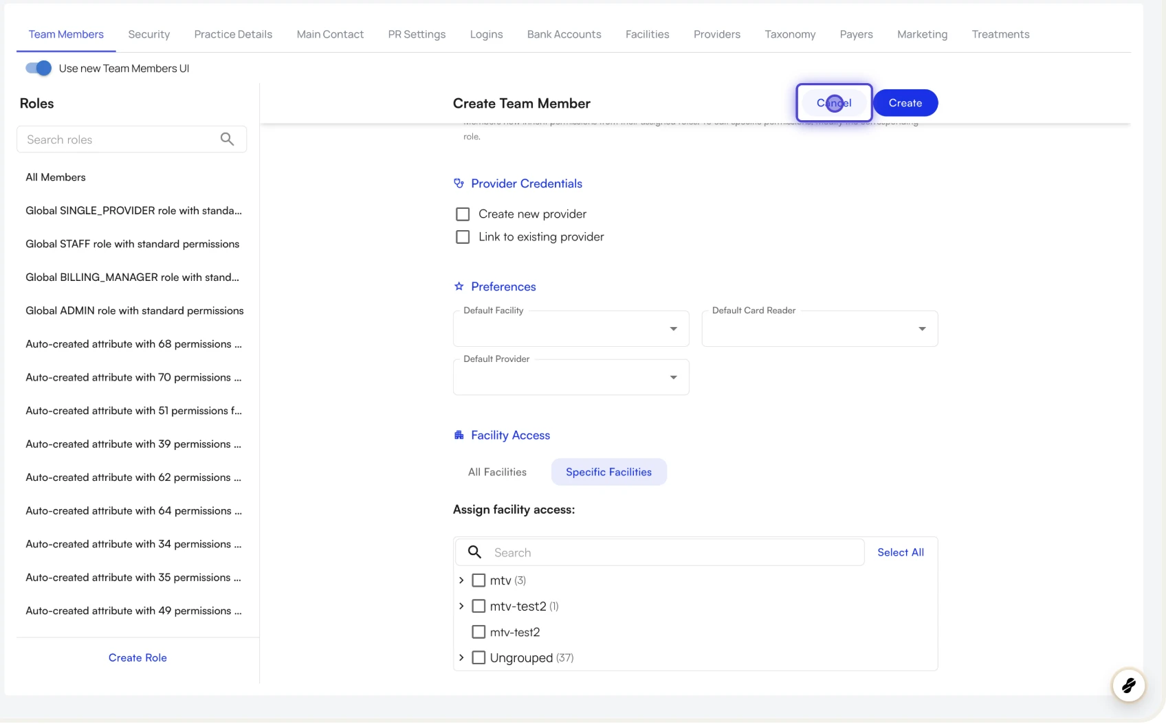 The New Member form with Basic Info and Permission Roles