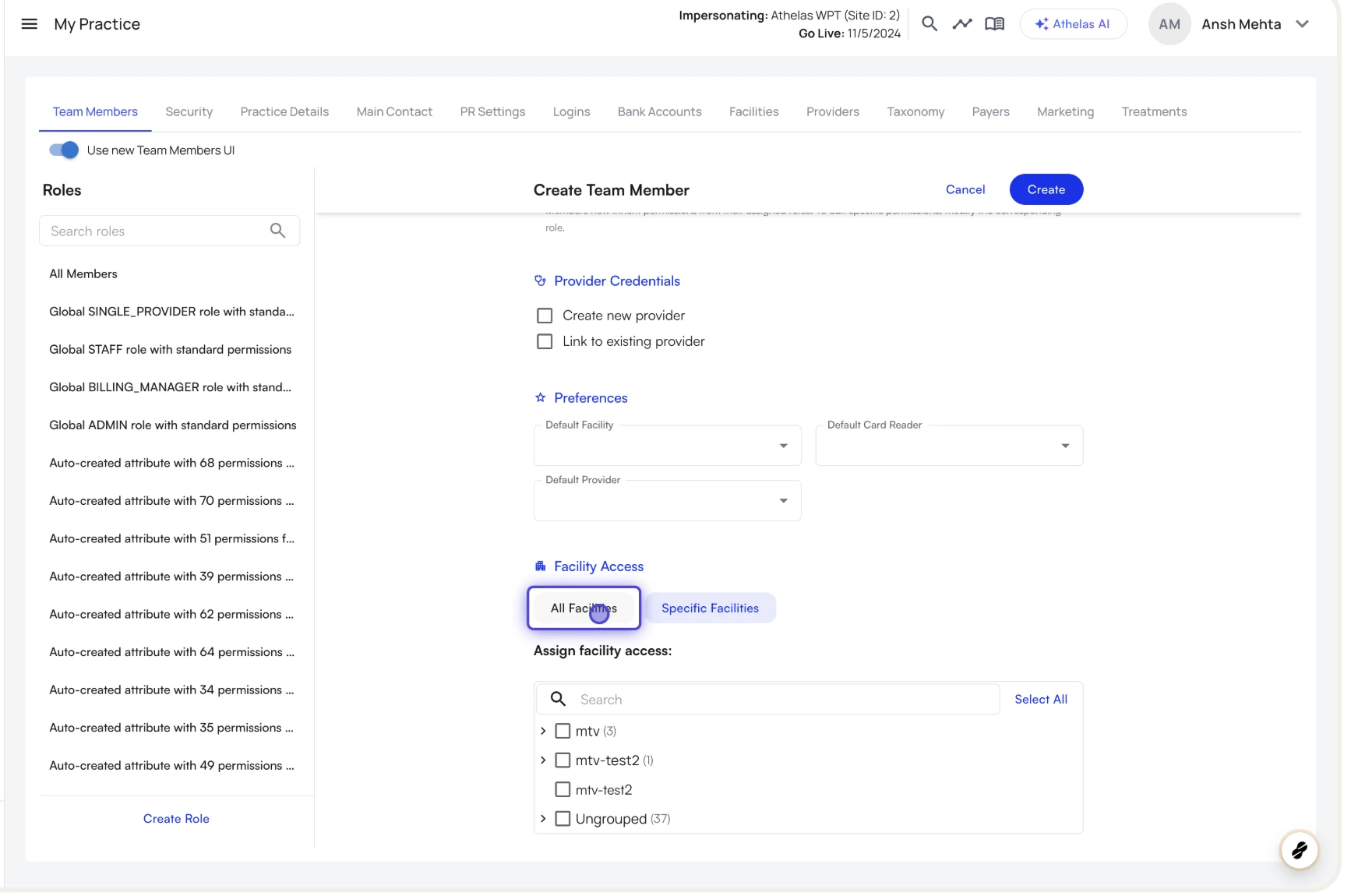 Setting Facility Access when adding a team member