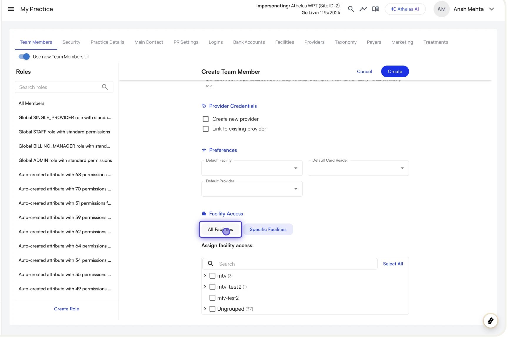 Setting Facility Access when adding a team member