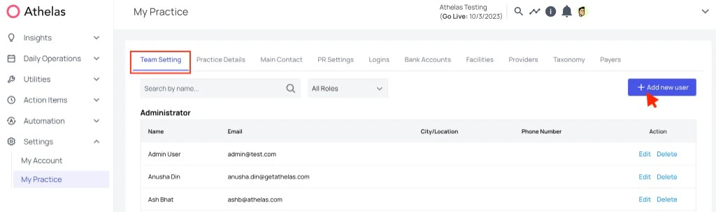 My Practice Team Setting tab with the Add new user button highlighted.