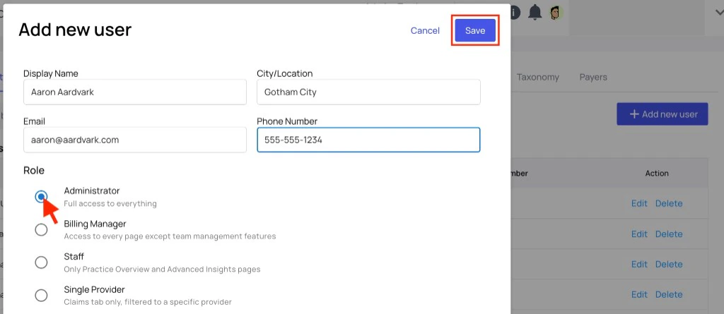 Add new user form showing basic details and role selection.