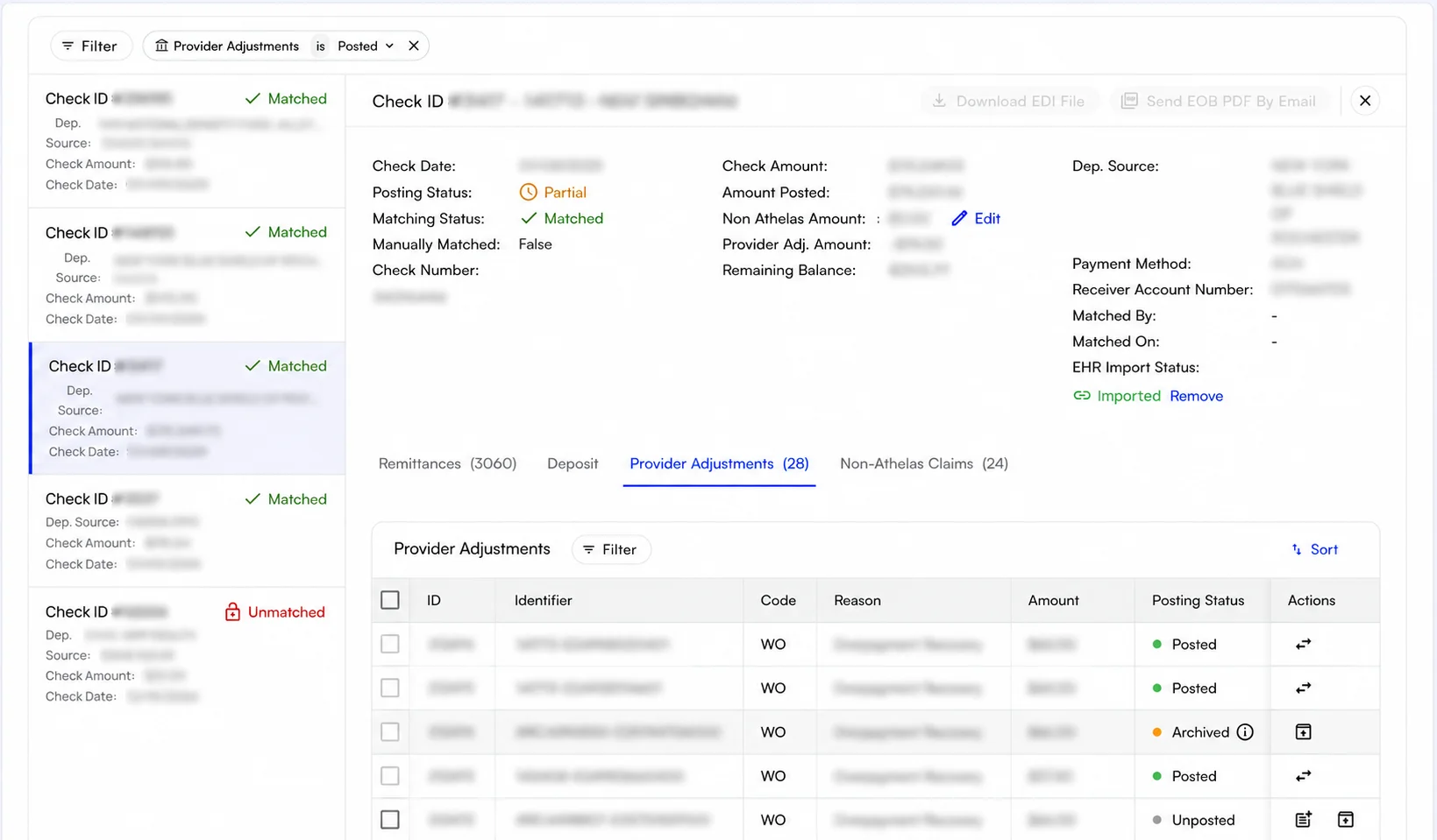 A check detail panel with the Provider Adjustments tab selected, showing that check's adjustments table below
