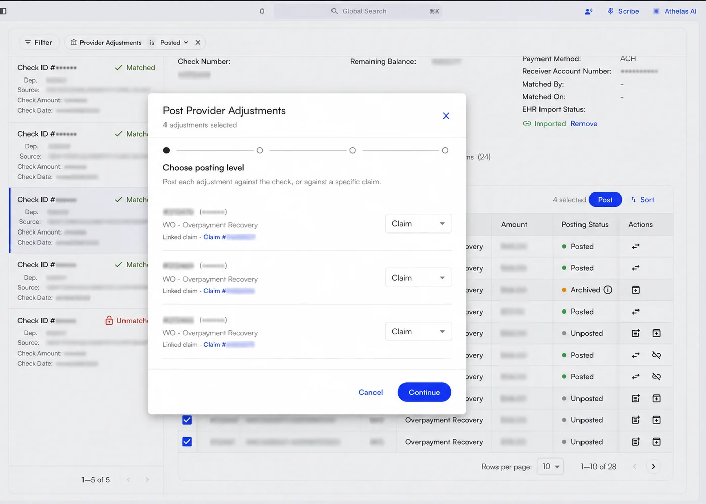 The Post Provider Adjustments wizard on step one, Choose posting level, with a Claim or Check dropdown beside each selected adjustment