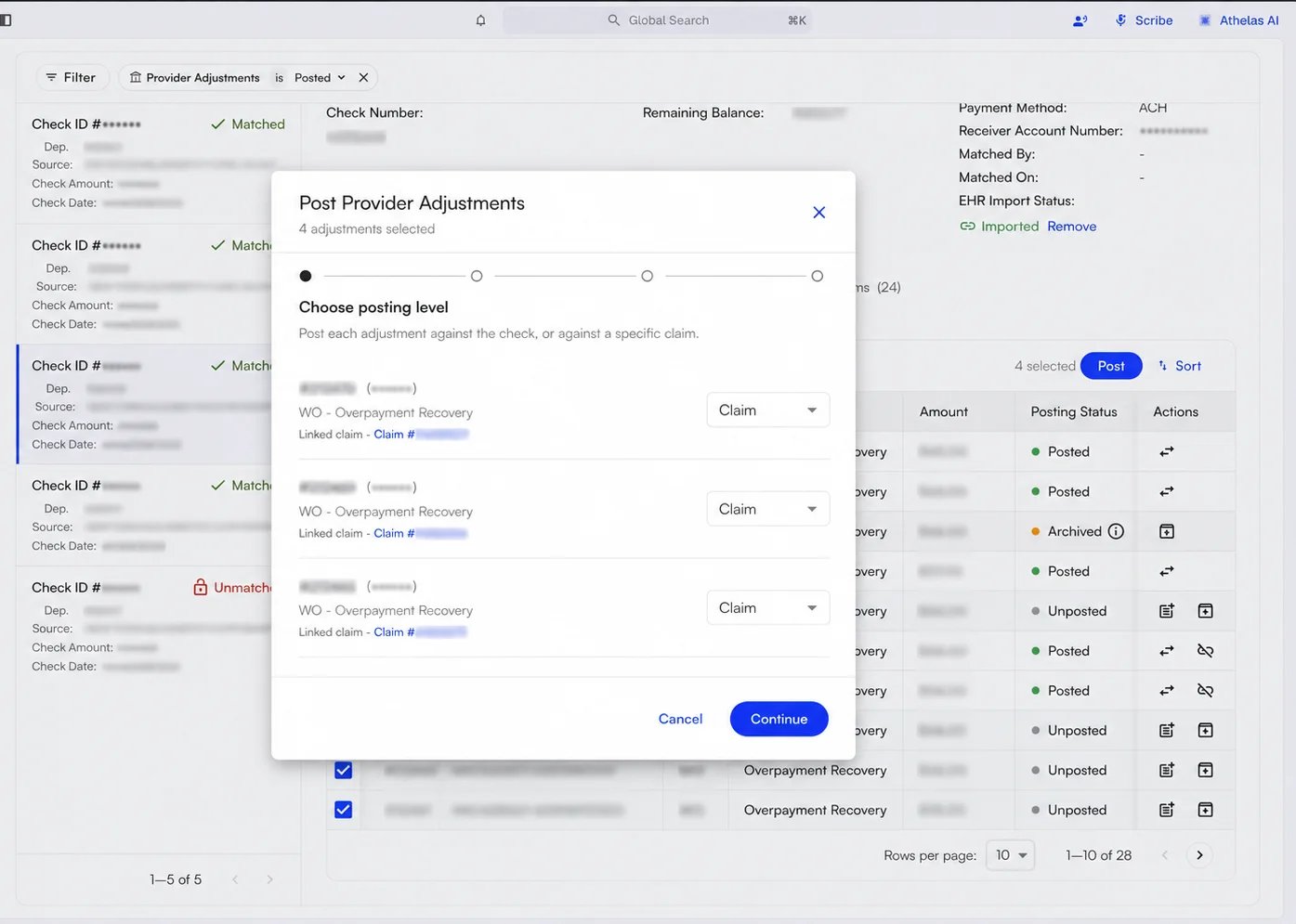 Step 1 of the Post Provider Adjustments wizard The Post Provider Adjustments wizard on step one, Choose posting level, with a Claim or Check dropdown beside each selected adjustment