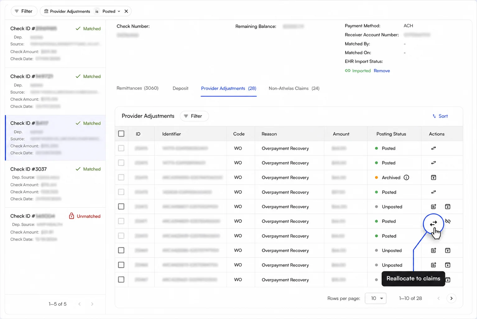 Hovering the Actions column of a posted row reveals a Reallocate to claims tooltip