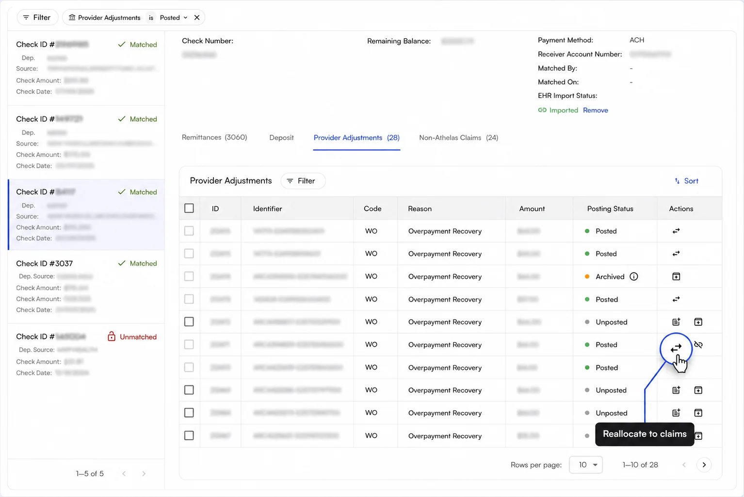 Opening Reallocate to claims from a posted row Hovering the Actions column of a posted row reveals a Reallocate to claims tooltip