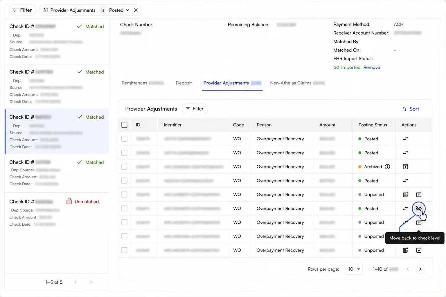 Moving an adjustment back to the check level Hovering a claim-linked posted row reveals a Move back to check level tooltip