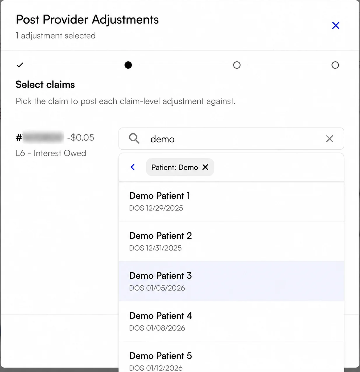 The Select claims step of the wizard with a patient search returning claims labeled by patient name and date of service