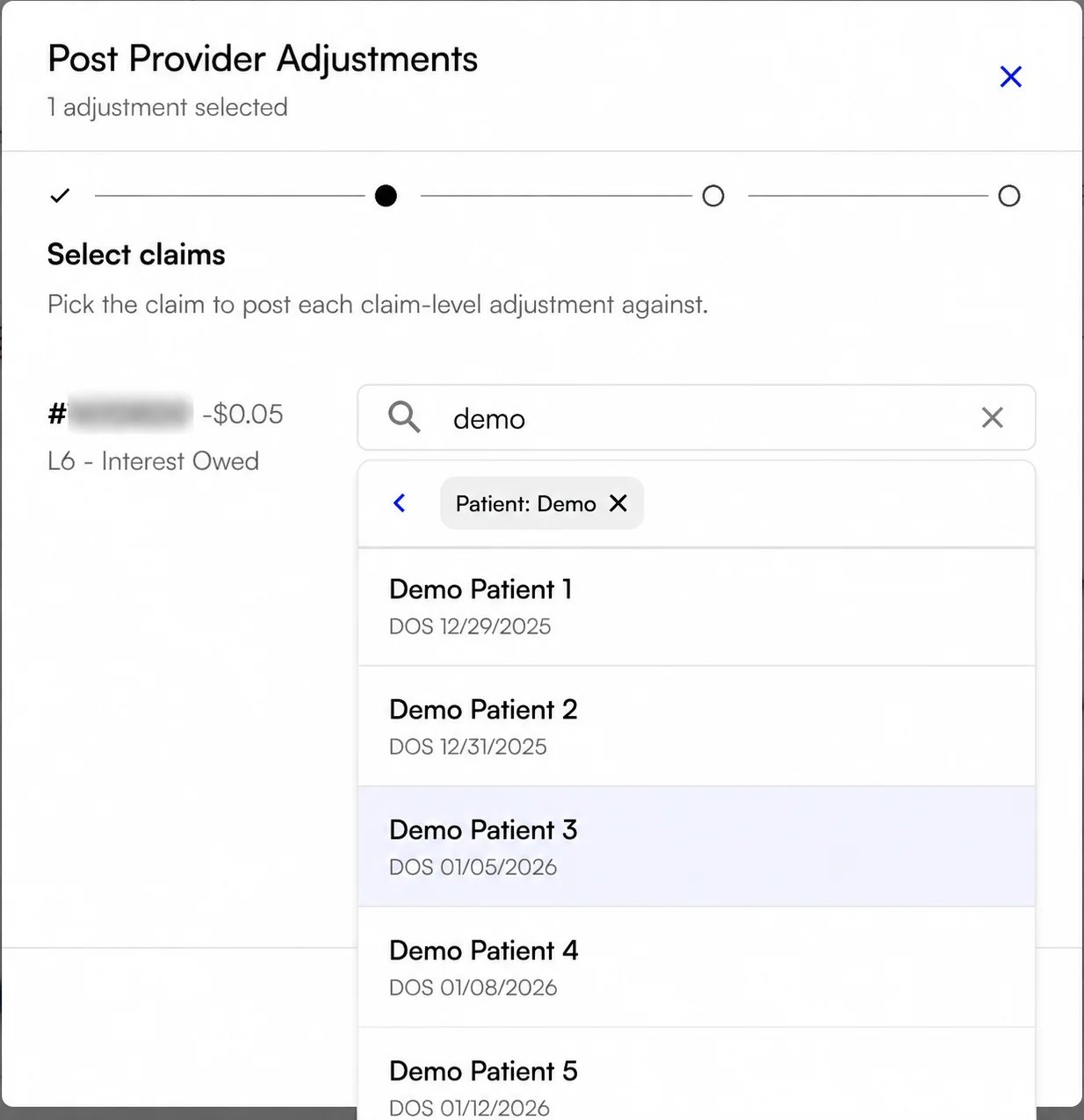 Searching for a claim while posting The Select claims step of the wizard with a patient search returning claims labeled by patient name and date of service