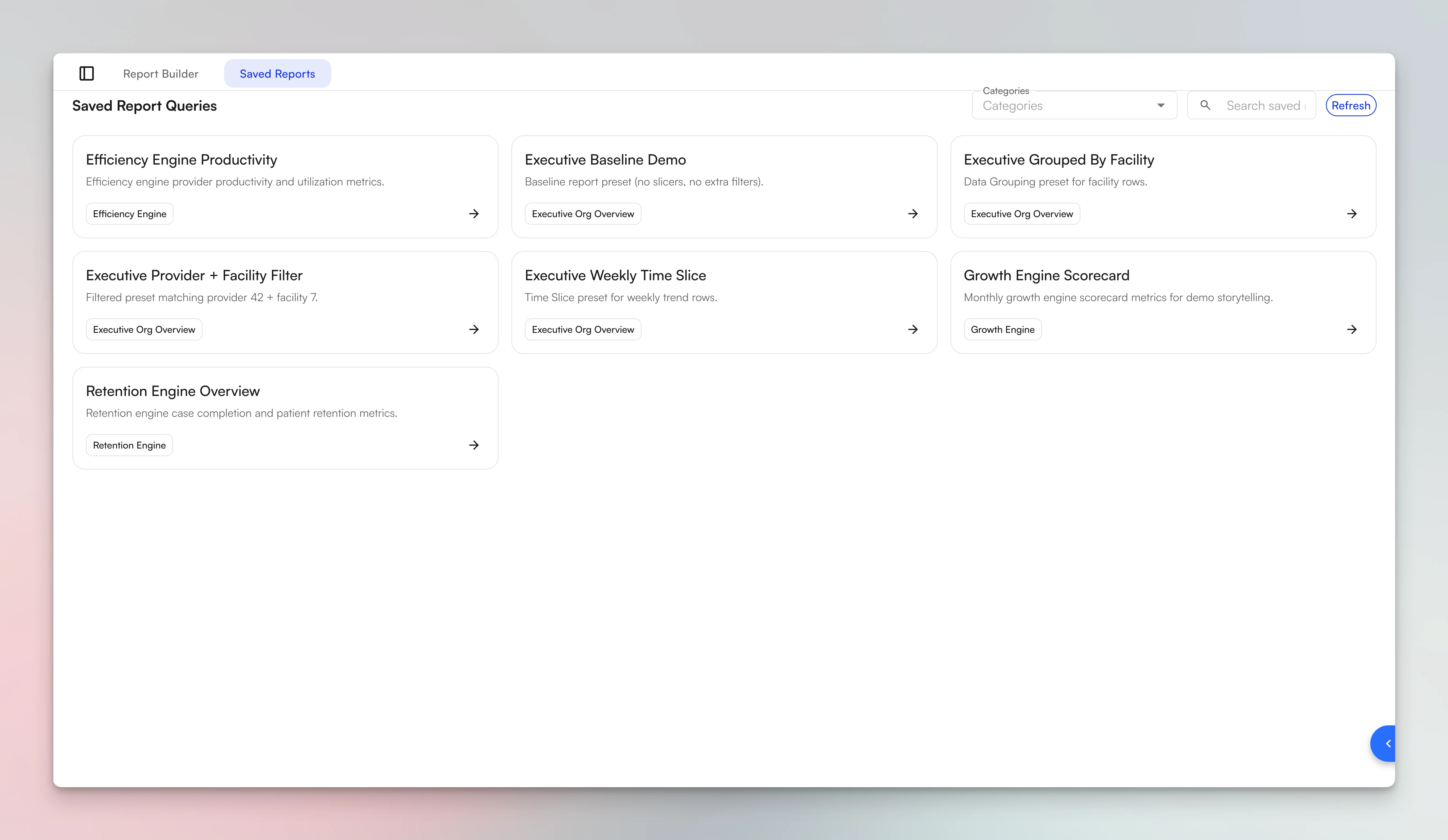 Saved report presets in the Report Builder