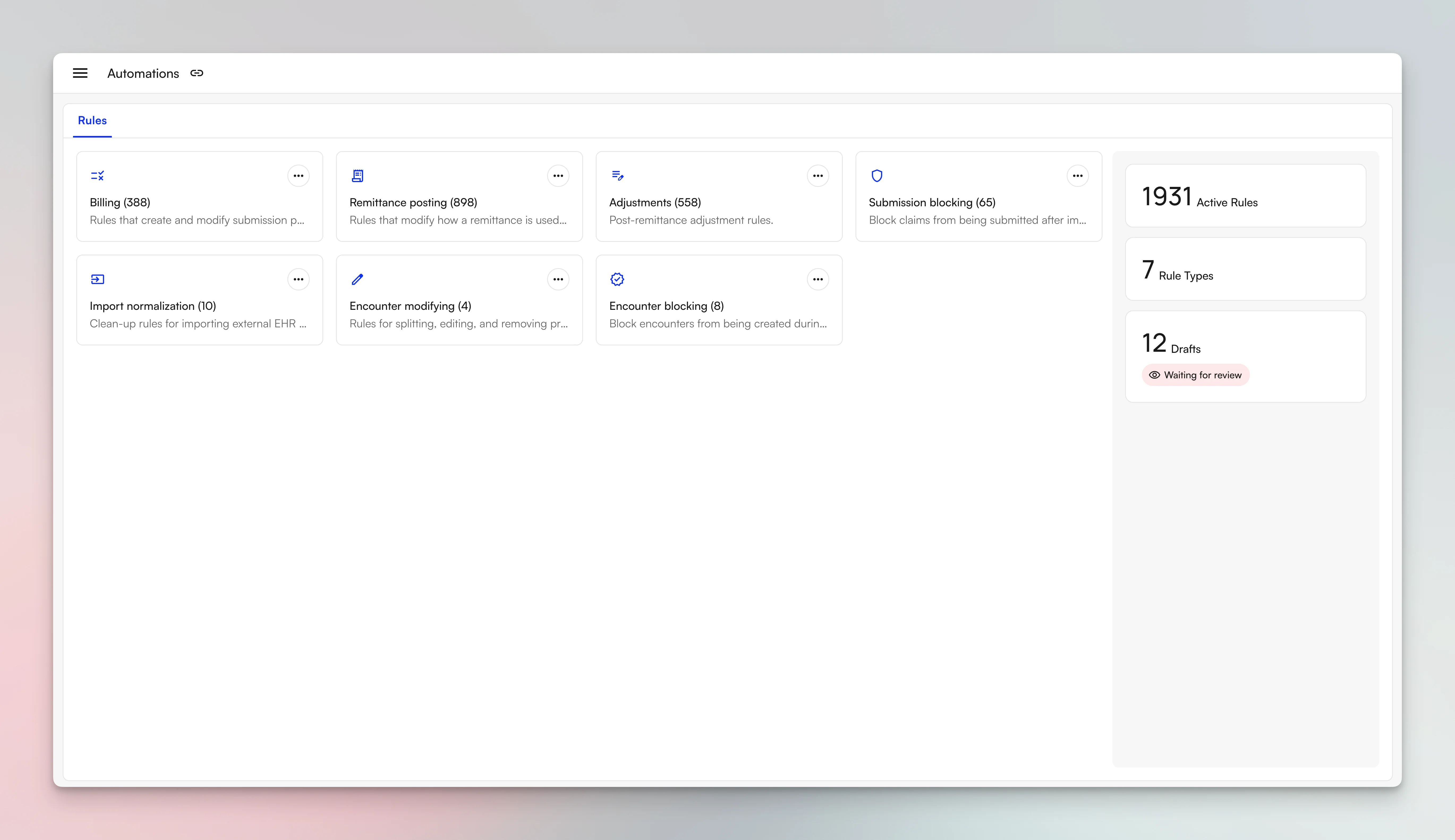 The Automations page, with rules grouped by type and drafts waiting for review