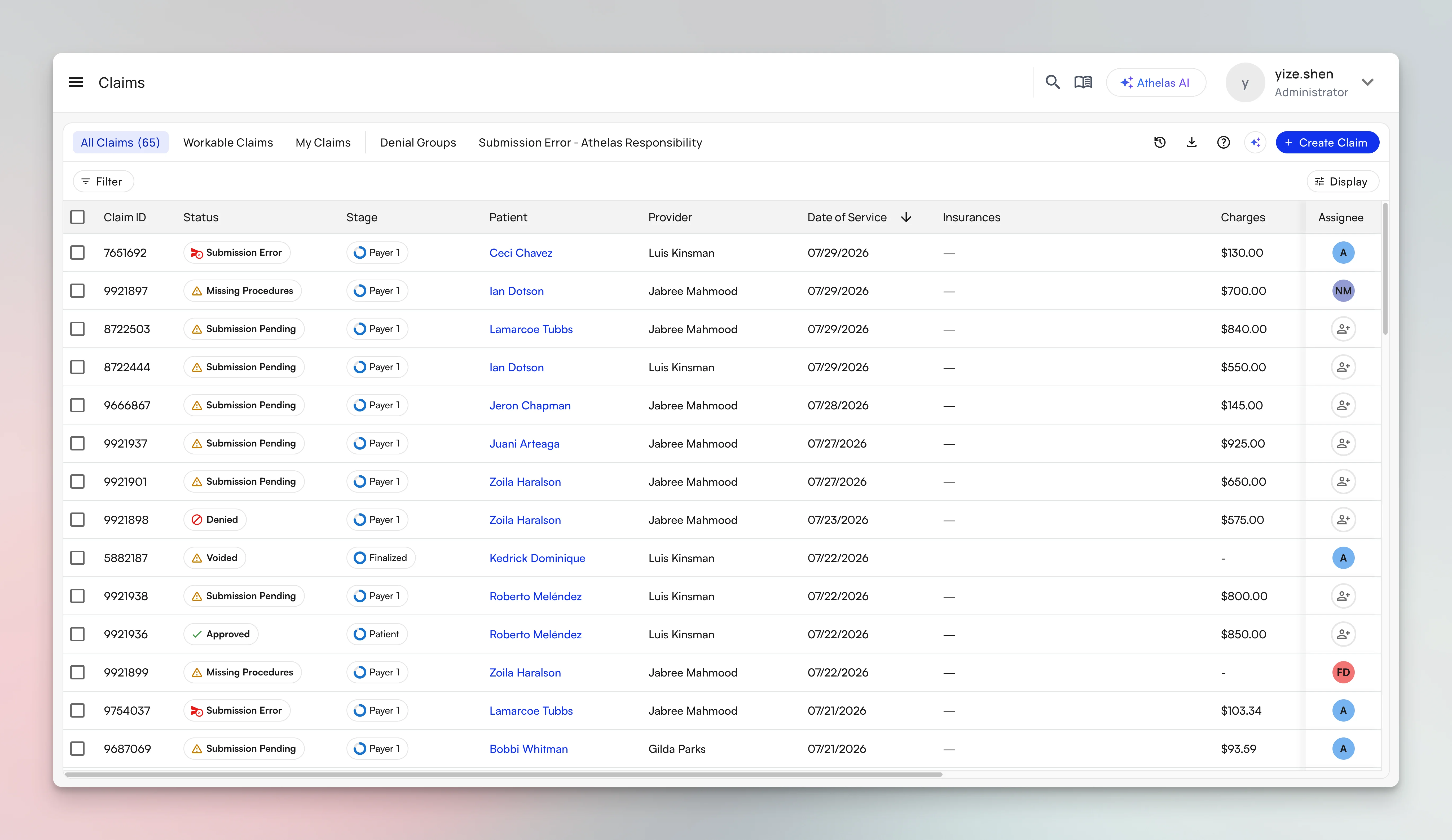 The Claims page, showing claim status, stage, and assignee across saved views
