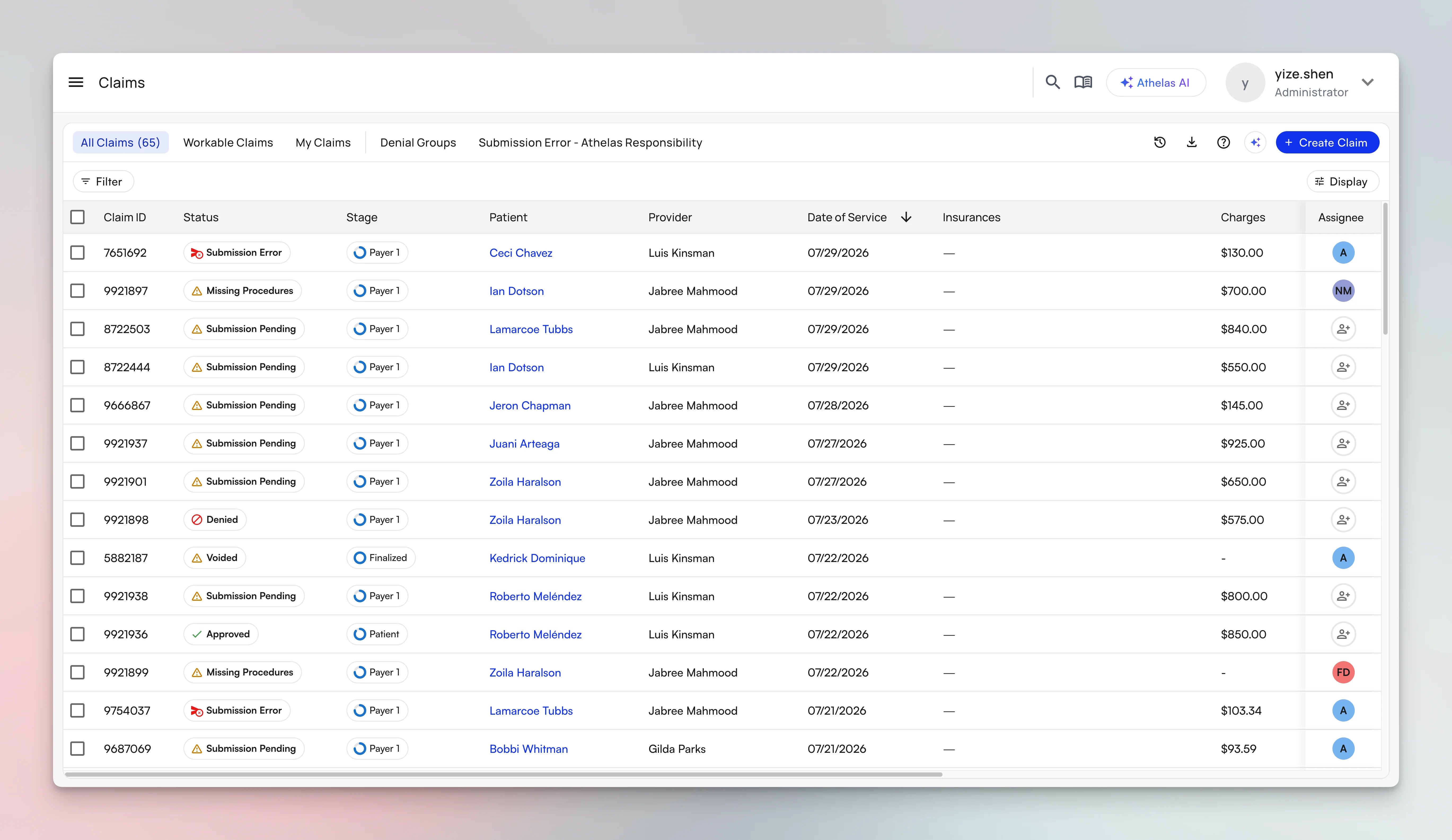 The Claims page, showing claim status, stage, and assignee across saved views