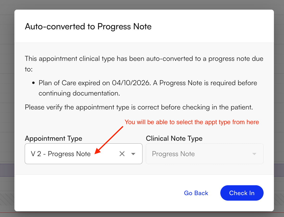 Check-in prompt to confirm the progress note appointment type