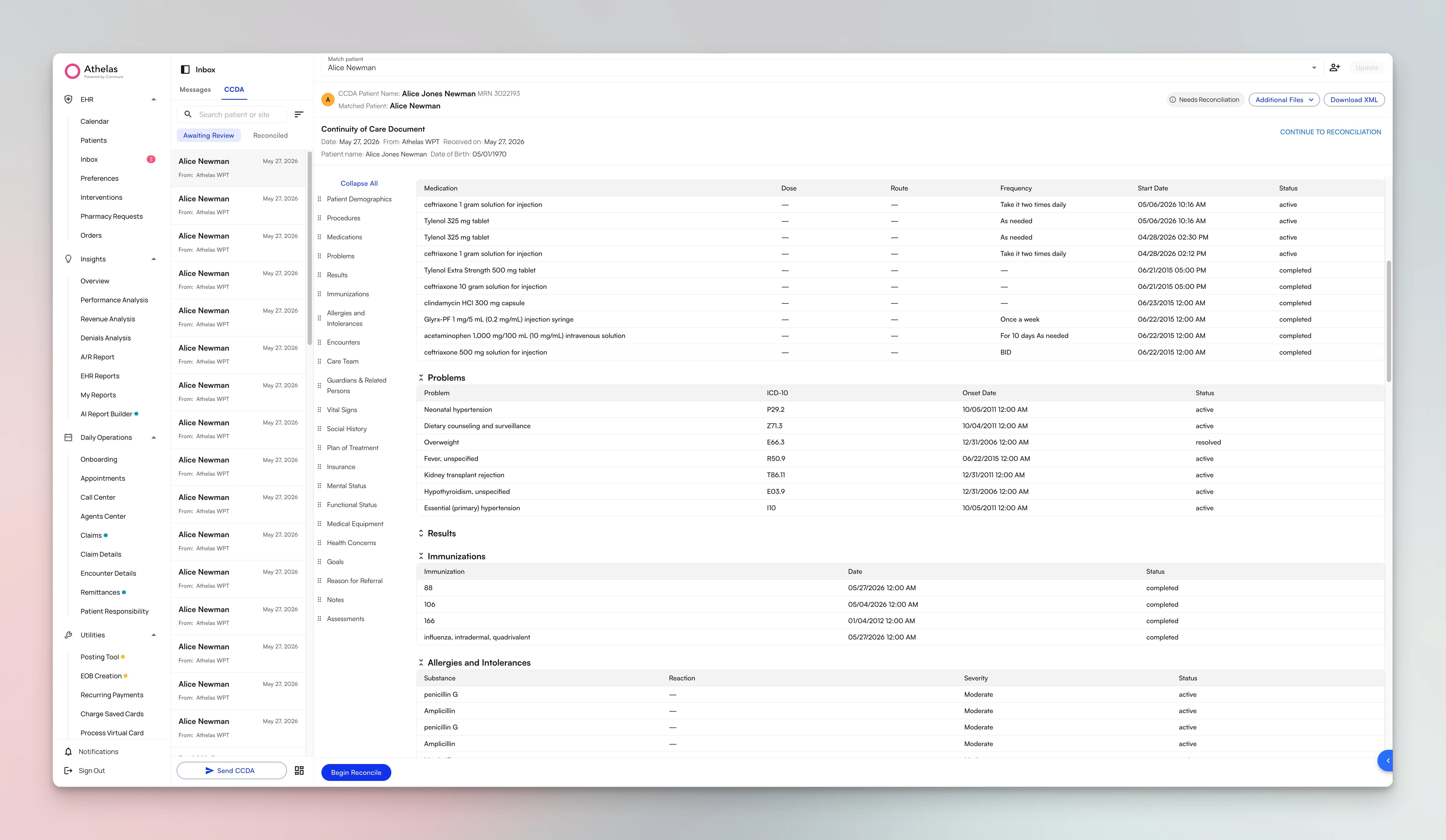 The C-CDA Continuity of Care Document viewer showing problems, results, immunizations, and allergies sections alongside the document inbox