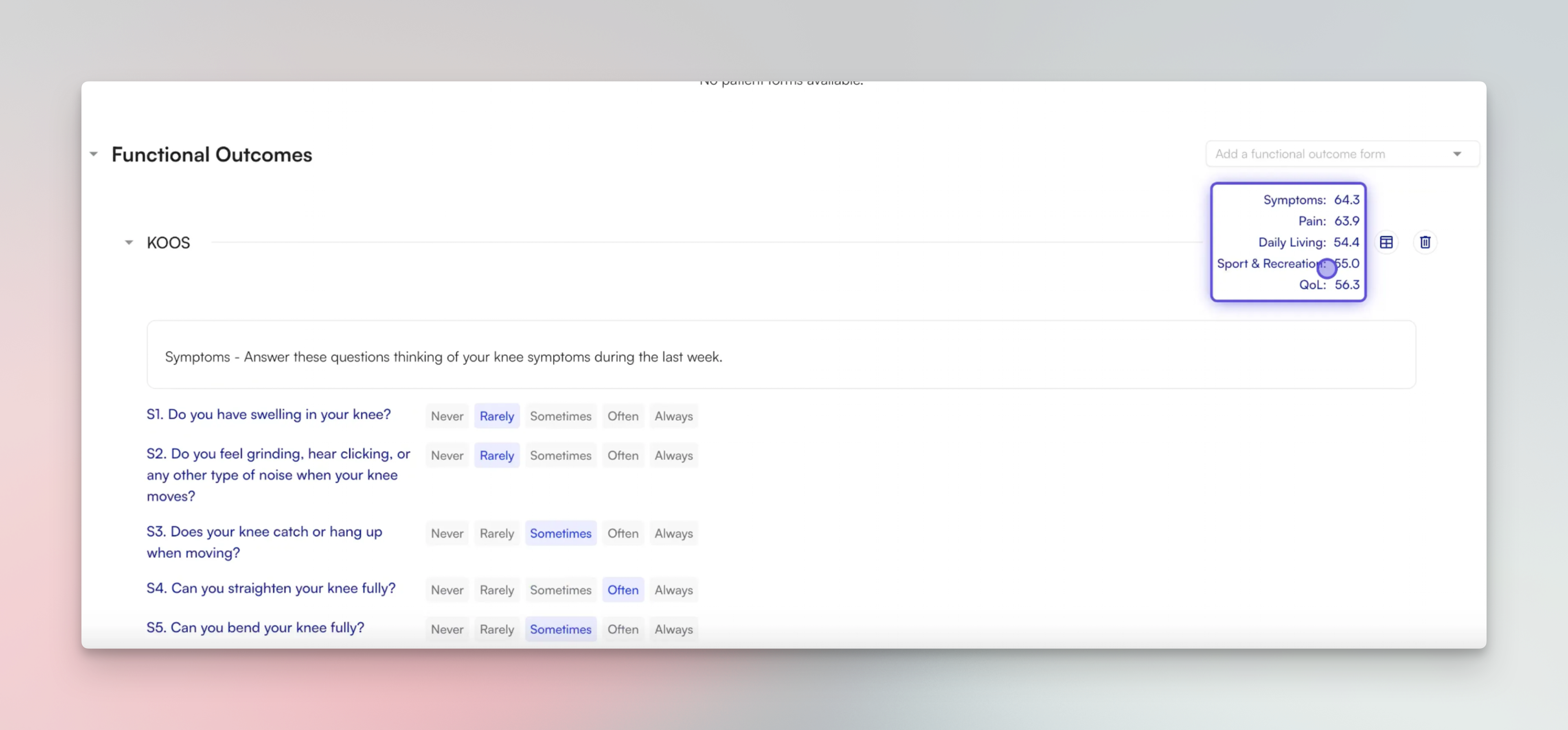 Functional Outcomes interface showing KOOS questionnaire with patient responses and scores
