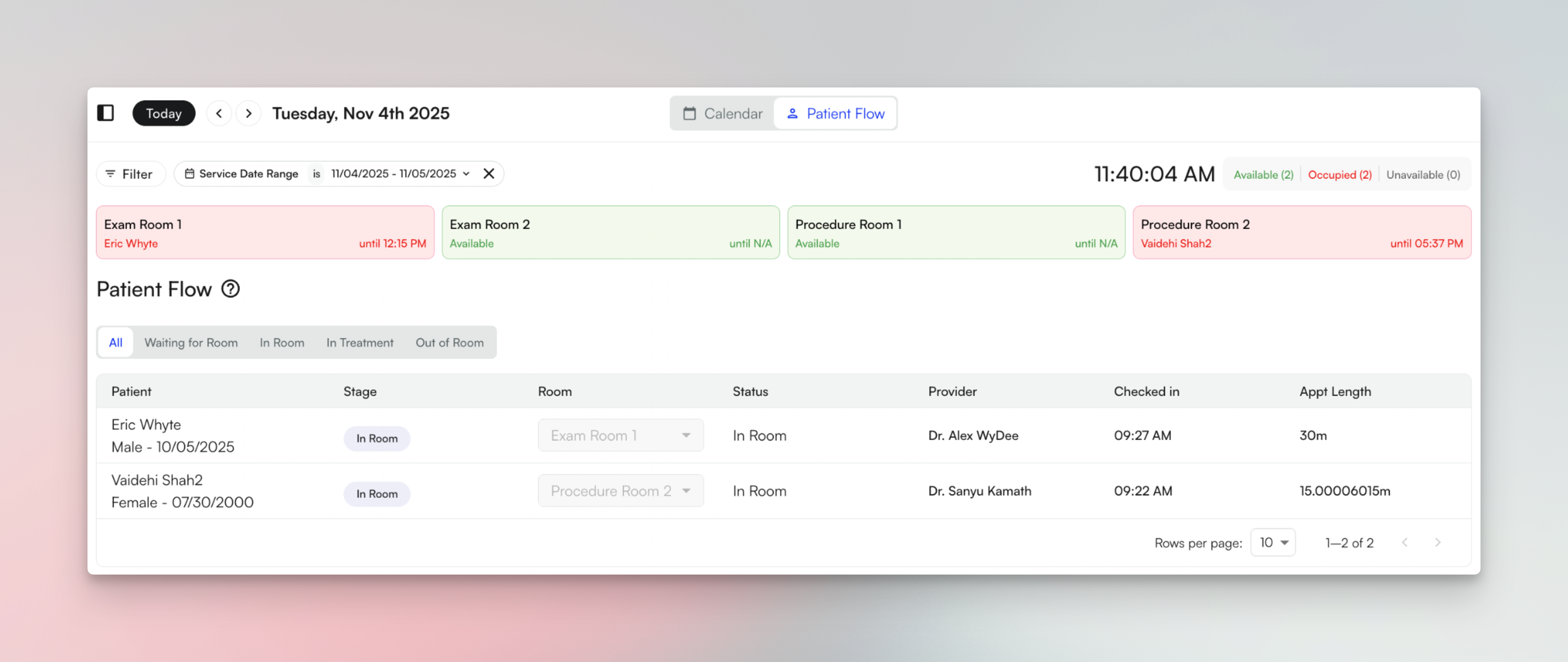 Patient Flow interface showing room status and patient check-in tracking