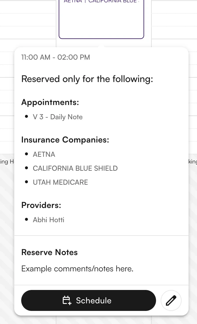 Reserve block hover detail