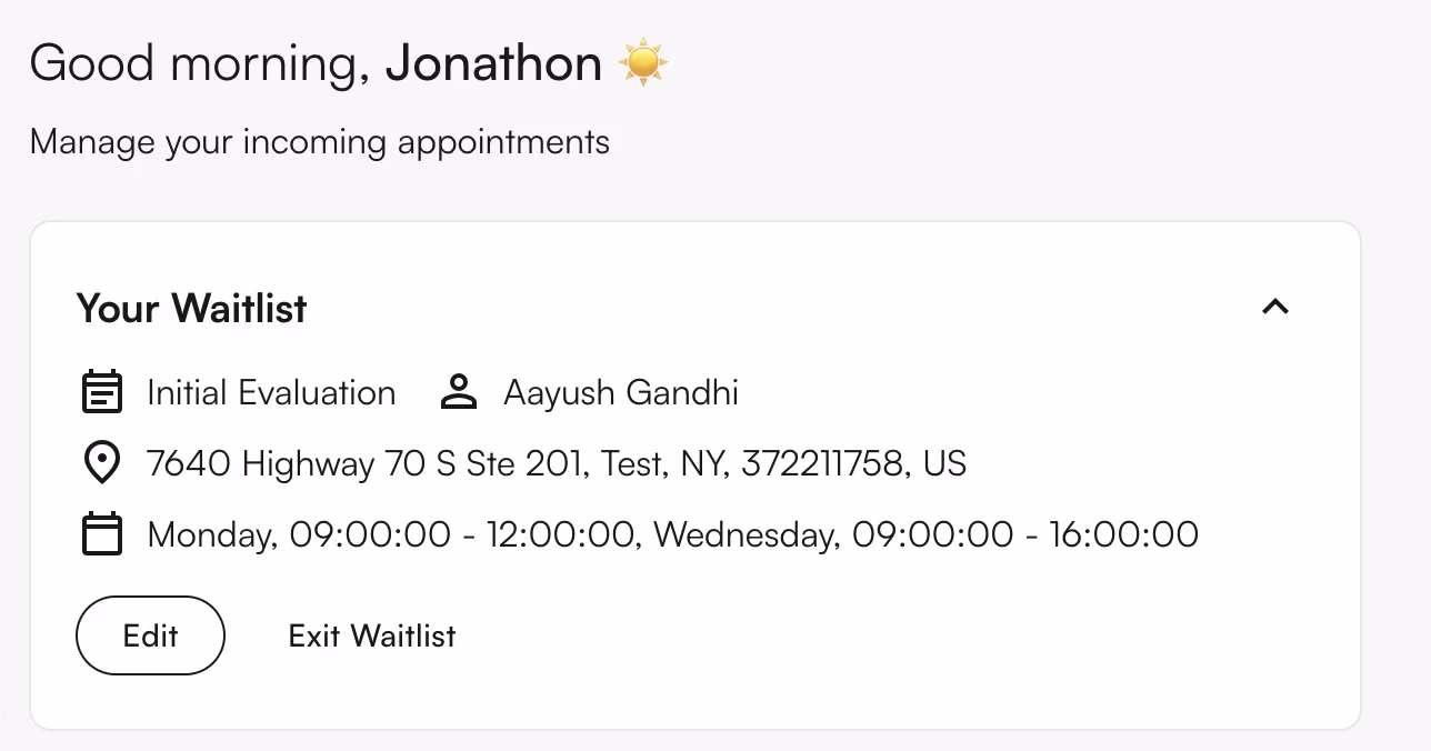 Waitlist entry window in patient portal