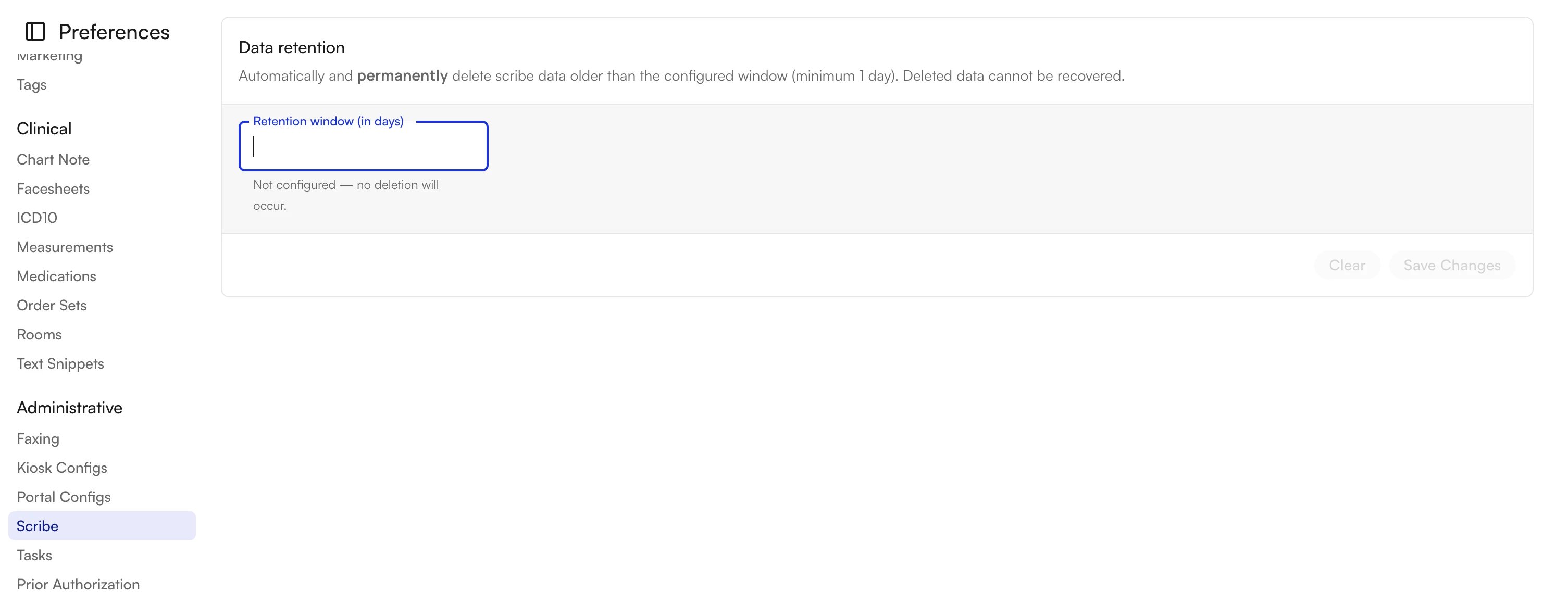 Data retention settings under EHR Preferences, Administrative, Scribe