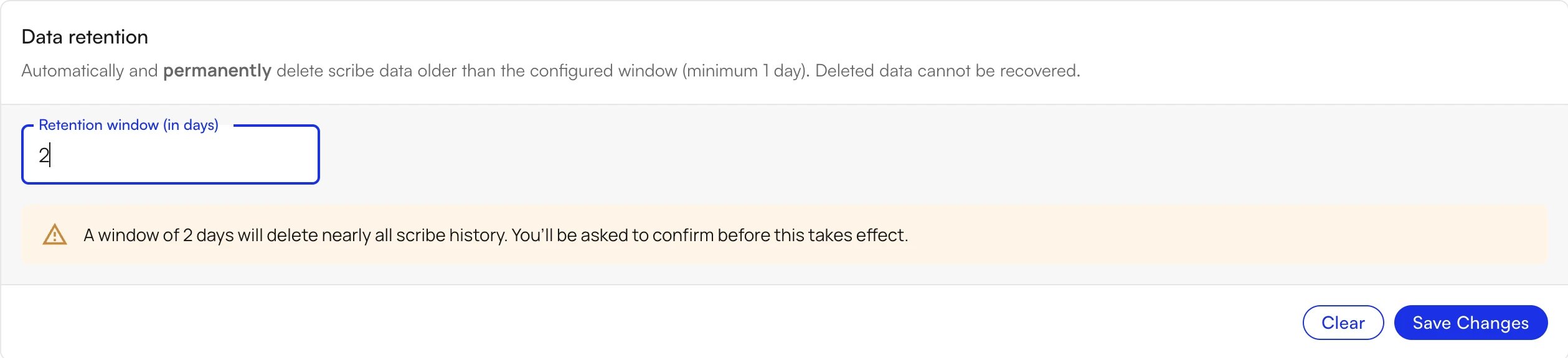 Warning shown when a very short retention window is entered
